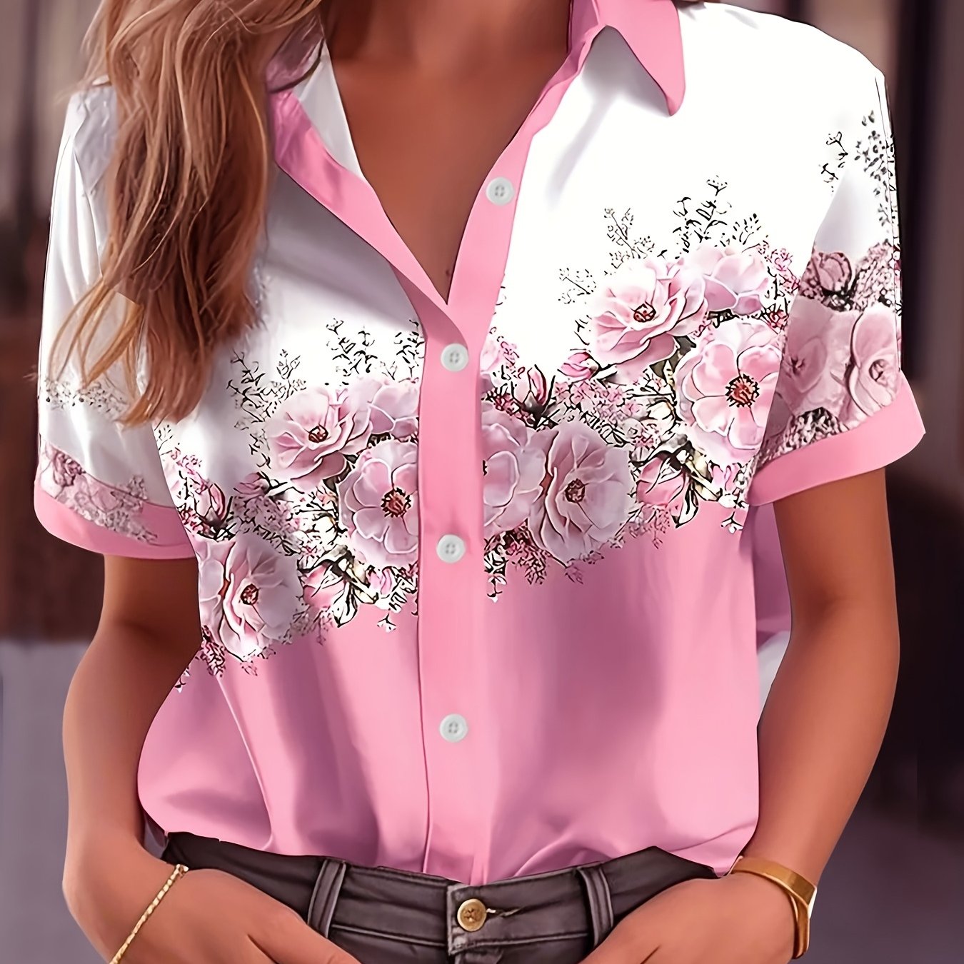 Image of Plus Size - Plus Size - Fashion Casual Abstract Gradient Oil Painting Print Women's Plus Size Button-up Short Sleeve Shirt