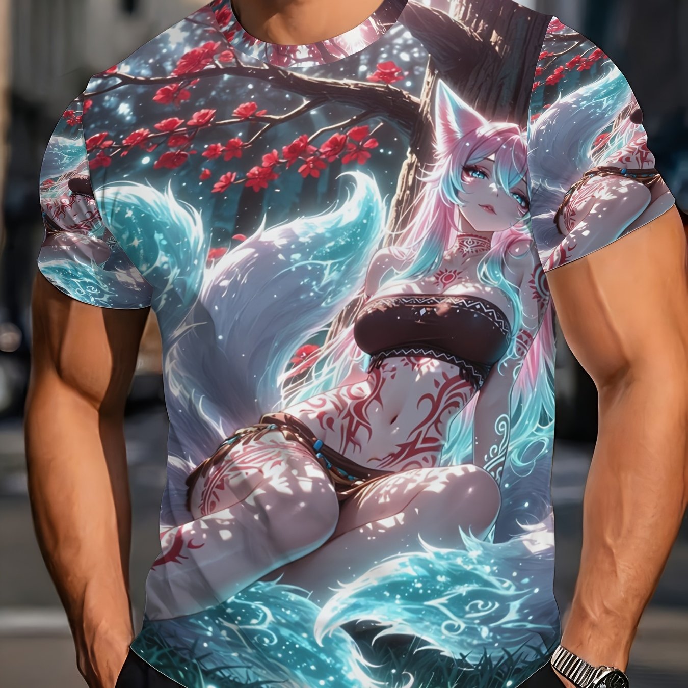 TEMU Anime Fox T-shirt With Pink Hair & Print - Round Neck Short Sleeve Casual Summer Top Suitable For Themed Outfits,, Casual Attire - Machine