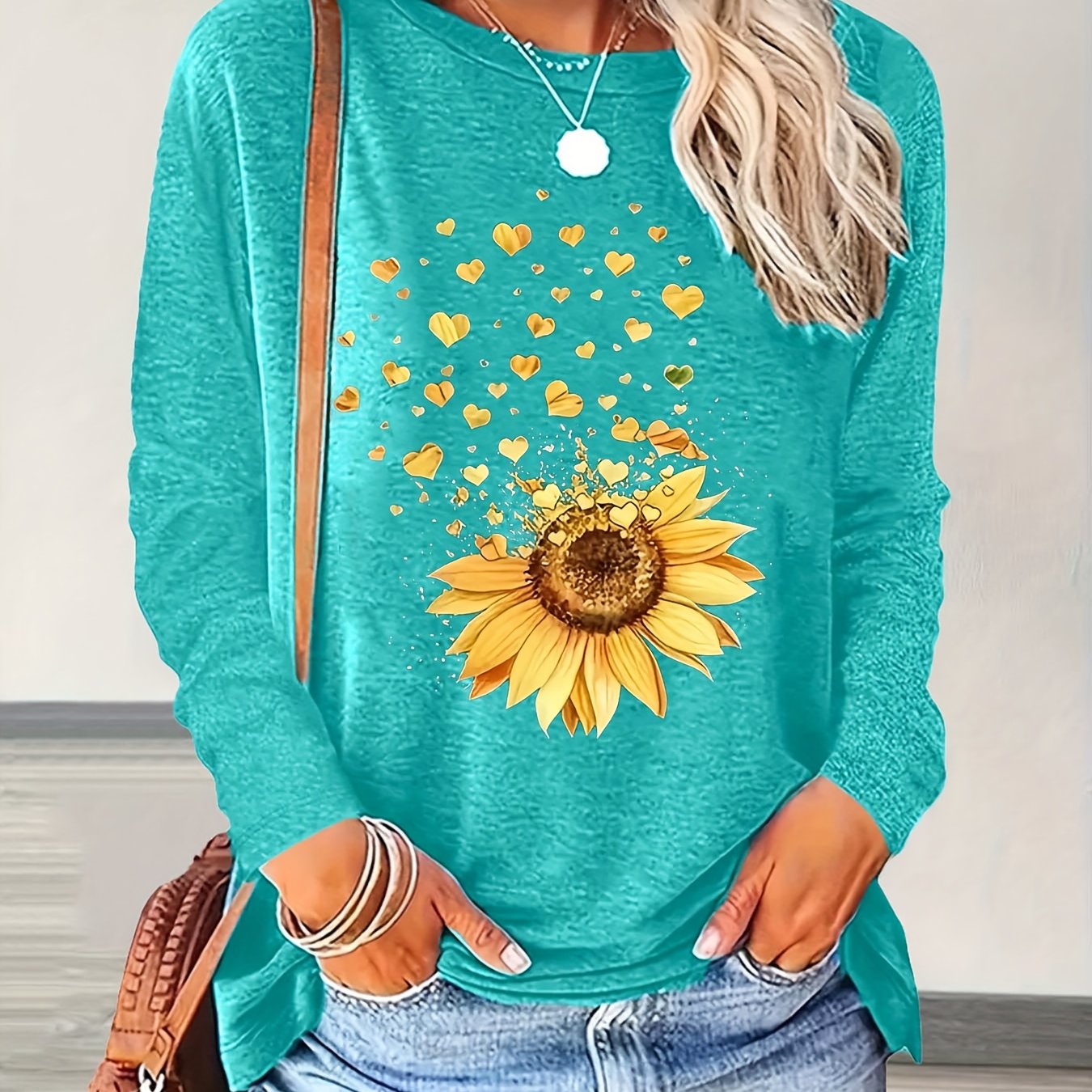 Women's Sunflower Long Sleeve T-Shirt - Casual Blouse, Loose Fit Trendy Top, Green Medium, Polyester Summer Tee
