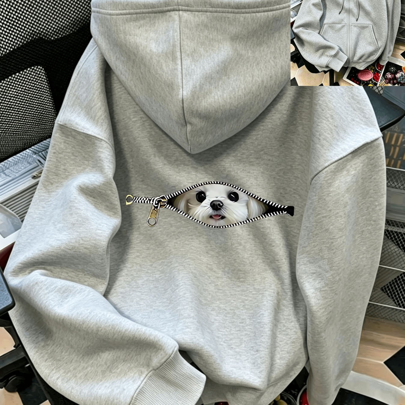 TEMU Puppy Print Zip-up Hooded Sweatshirt, Casual Zip-up Long Sleeve Hoodie - Polyester Fabric, For Autumn And Winter. Comfortable Women's Zip-up