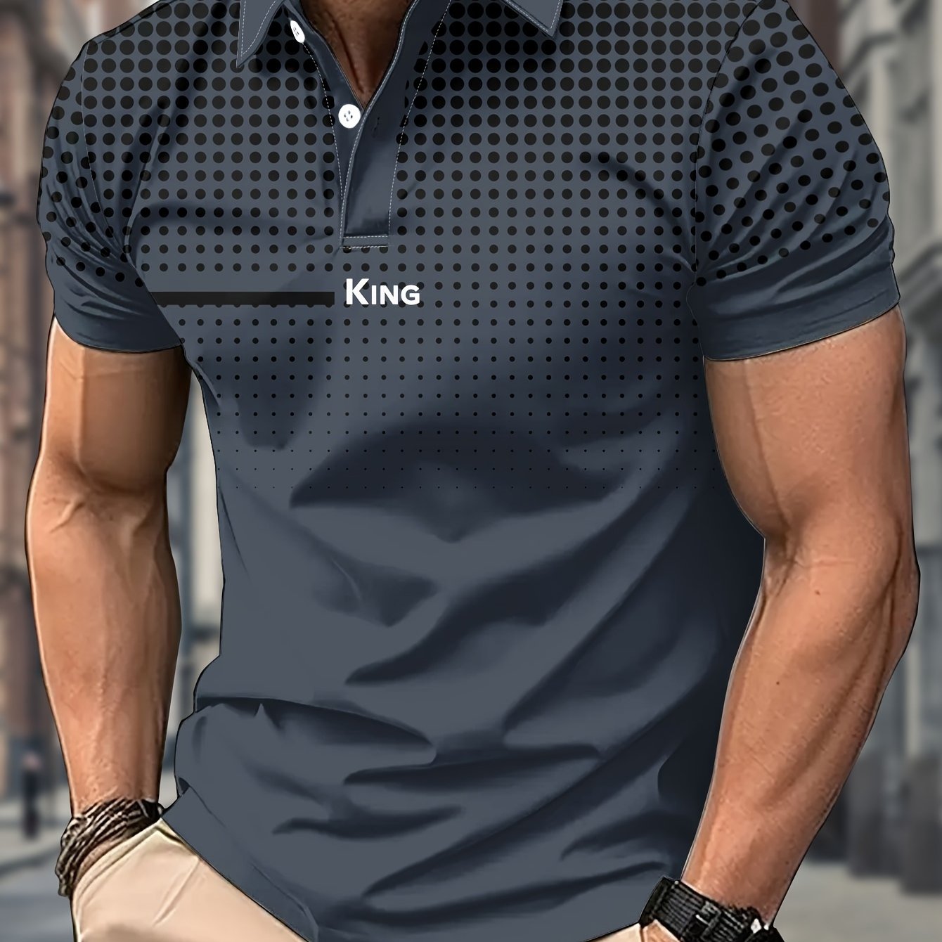TEMU Men's Casual Printed Golf Shirt, Black Polka Dot Geometric Pattern, Sporty Style, Men's Summer Short Sleeve Shirt, Plus Size