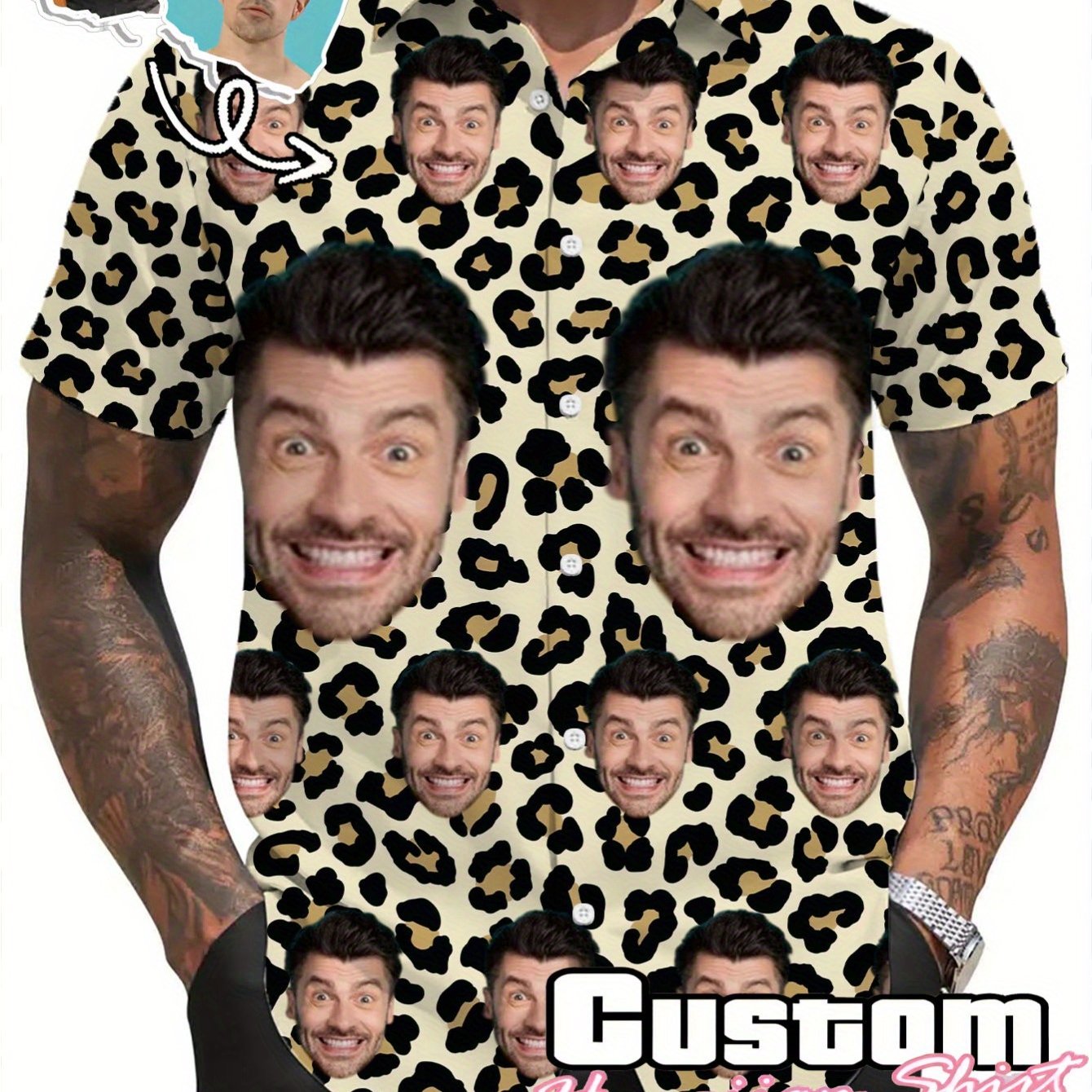 TEMU Custom 3d Photo Print Short Sleeve Shirt - Personalized Leopard , Casual Summer Style For Men, Non-stretch Fabric, Perfect For Weekend , Leopard