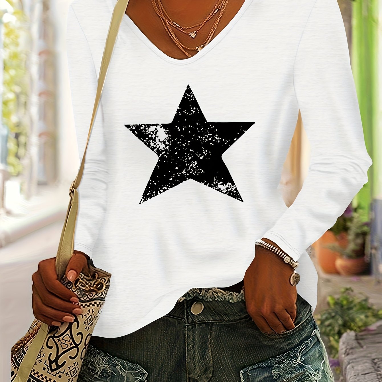 TEMU Star-patterned Casual European And Women's Autumn And Winter Everyday Versatile Fashionable Comfortable V-neck Long-sleeve T-shirt