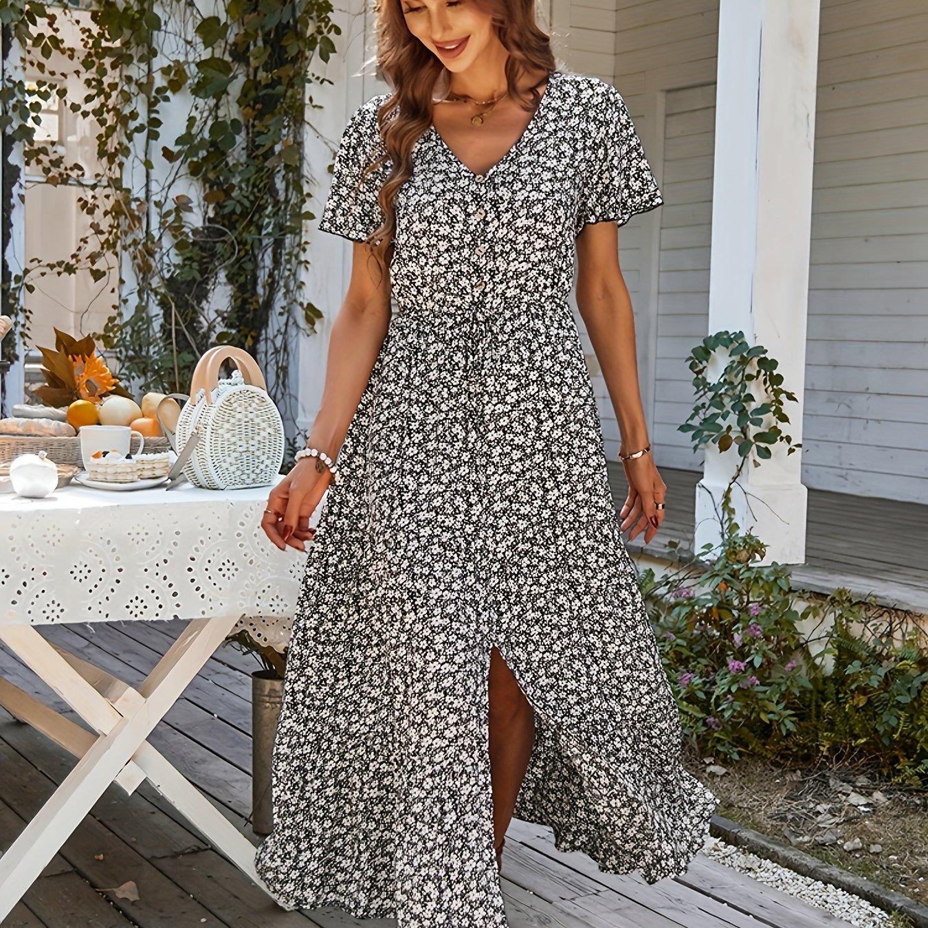 New Elegant Loose Slit Long Dress Floral Printed Dresses For Women Summer Beach Holiday Leisure Viscose Dresses High Waist Elastic Dress With