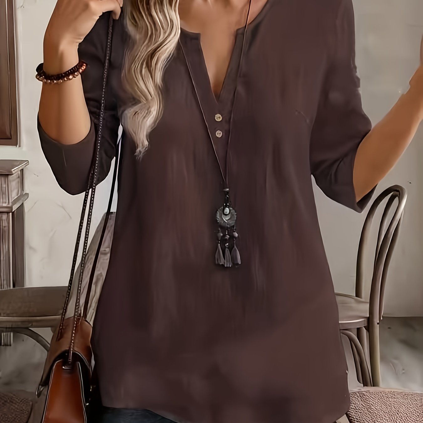Plus Size - Women's V-neck Top - Navy , Mid-length Sleeve, Blouse, Loose Fit, Wear, Suitable For Daily Casual