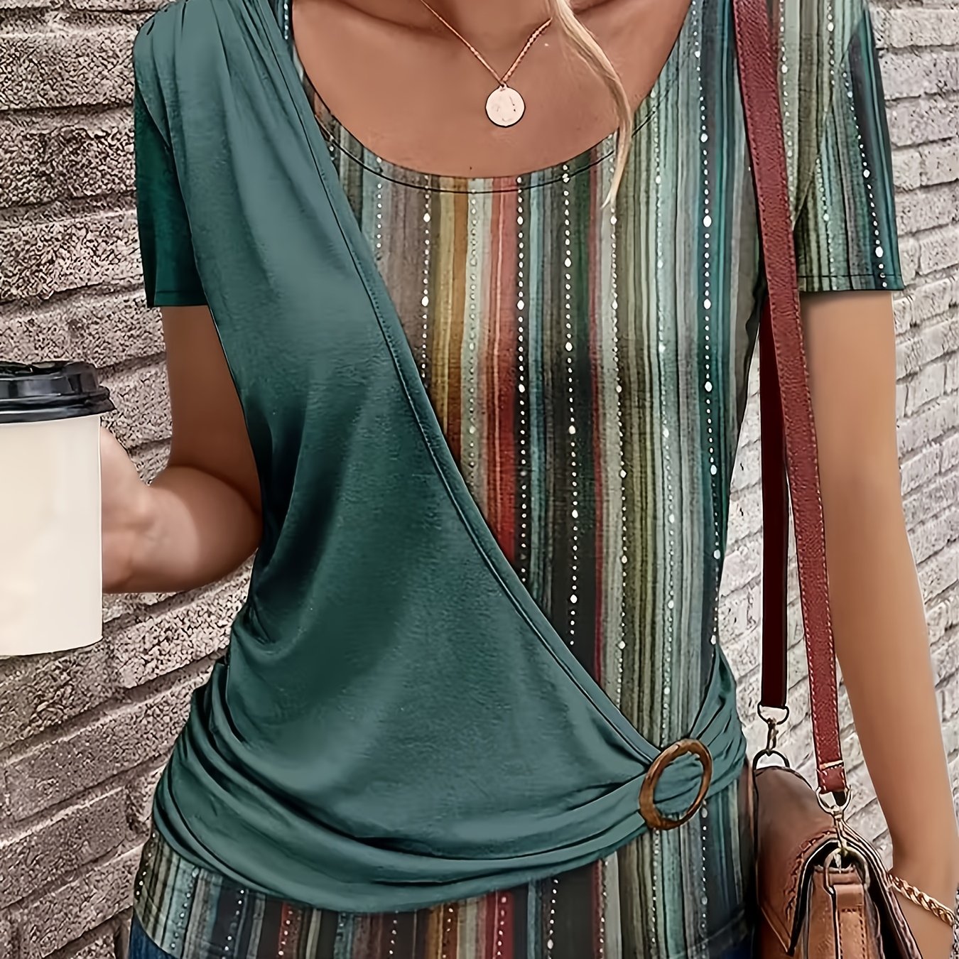 TEMU Women's Elegant Dark Green Striped T-shirt With Criss-cross Tie Waist & Round Neck Short Sleeves - Suitable For , Casual To Dressy Top, Machine