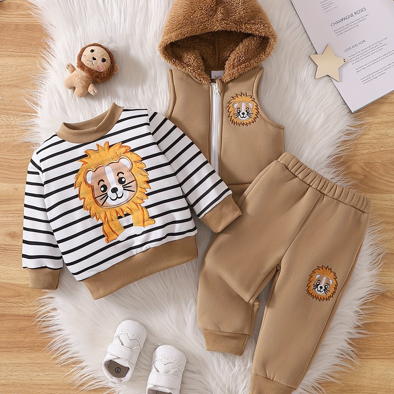 Image of Targeted Development Infant Baby Fall Winter New Vest Sweatshirt Sports Suit Baby Cute Cartoon Small Embroidery Lion Trendy 3pcs Set, For Outdoor