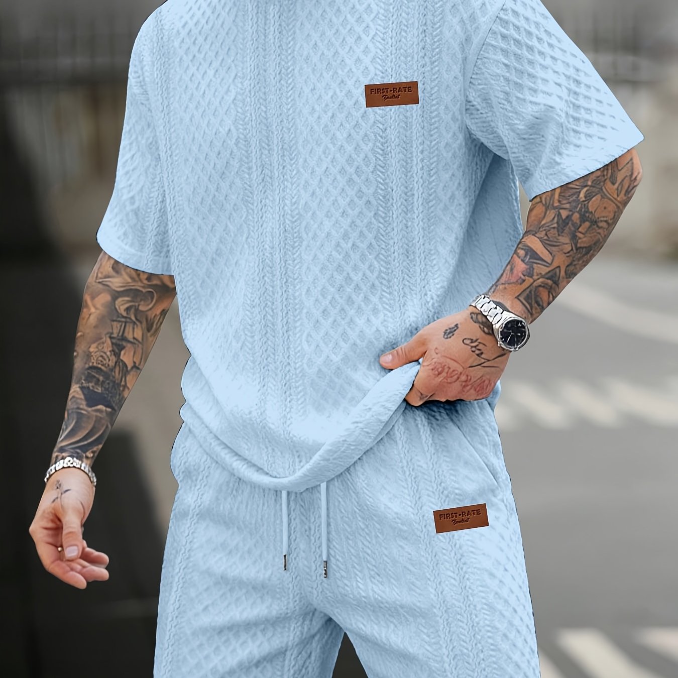 TEMU Men's New Textured Fabric Crew Neck T-shirt + Drawstring Shorts Set