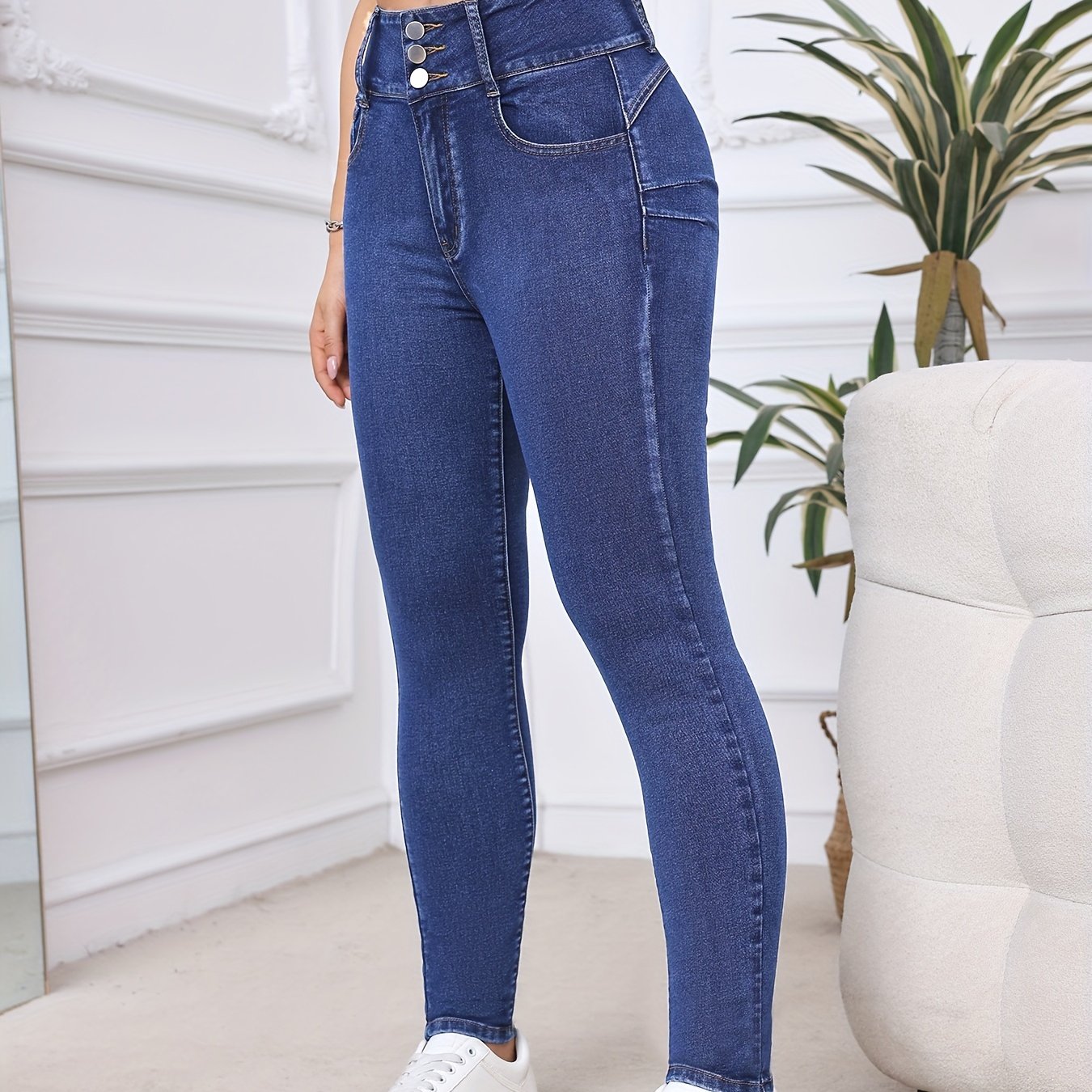 TEMU Shengshengman Women's -waisted Jeans, Vintage Style, Stretchy Tapered Pants, No Belt, Washed Out, Long Length, Closure, Casual Outfit