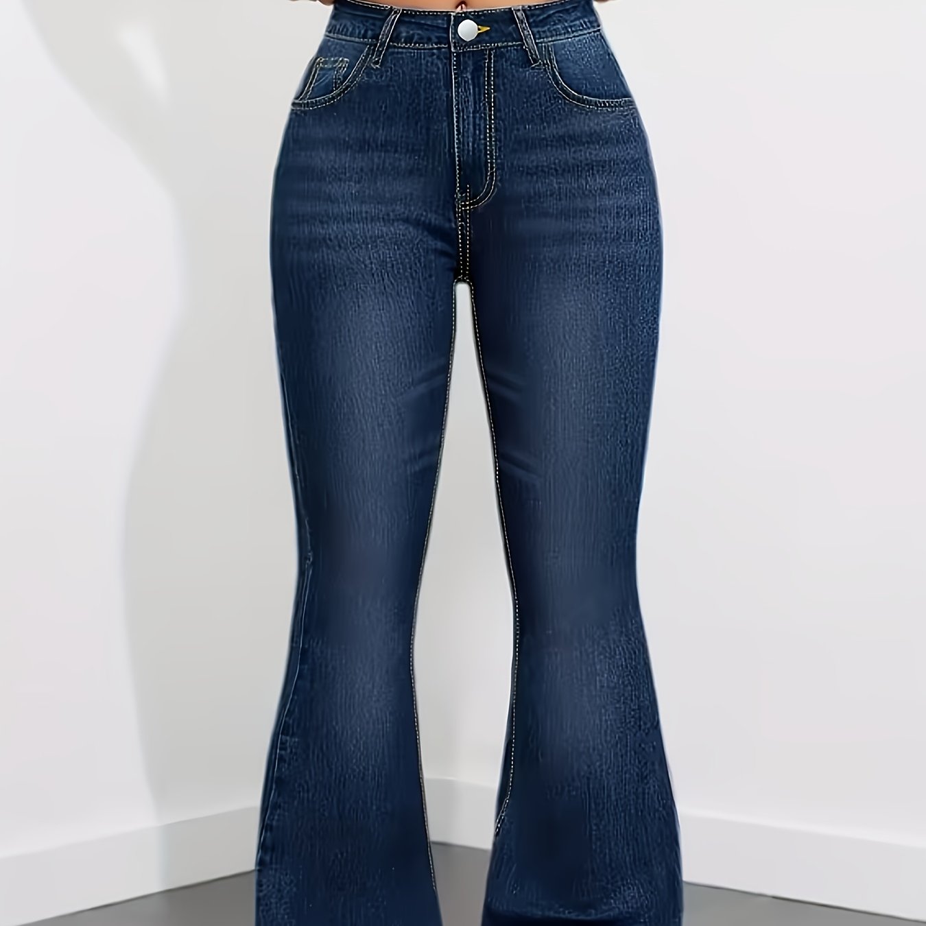 TEMU Plus Size High Stretch Flare Jeans For Women - High Waisted Fit, Machine Washable Denim Pants