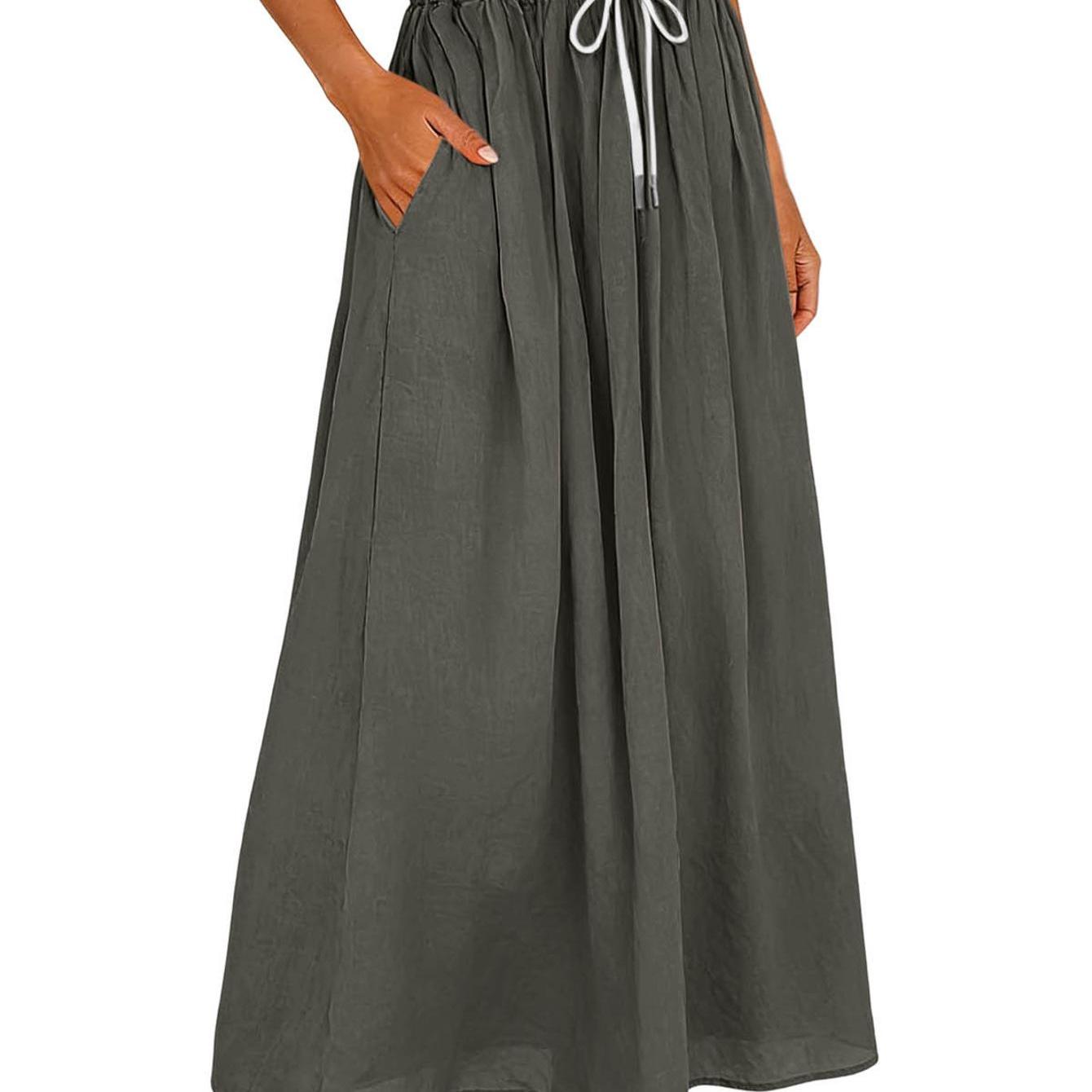Image of Women's High Waist A Line Maxi Skirt Casual Flowy Skirt With Elastic Waistband And Drawstring, Summer Beach Wear