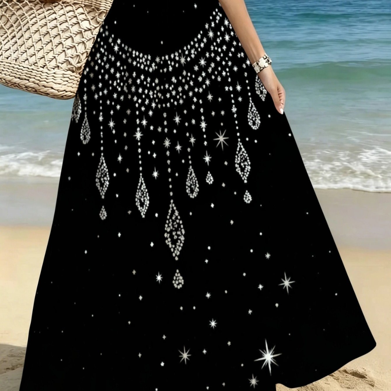 TEMU Lianyaoshi[printed Design Not Textured] Black Sparkly Maxi Skirt For Beach Evening Wear, Lightweight With Diamante Embellishments, Perfect For