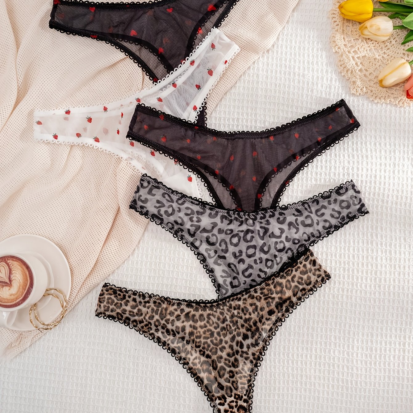 E-shop 5-teilig Damen Strumpfhosen in Unifarben mit Erdbeer-Herz-Leopardenmuster Schleife, Damen Blumen-Spitzen-ähnliche halbtransparente Unterwäsche,