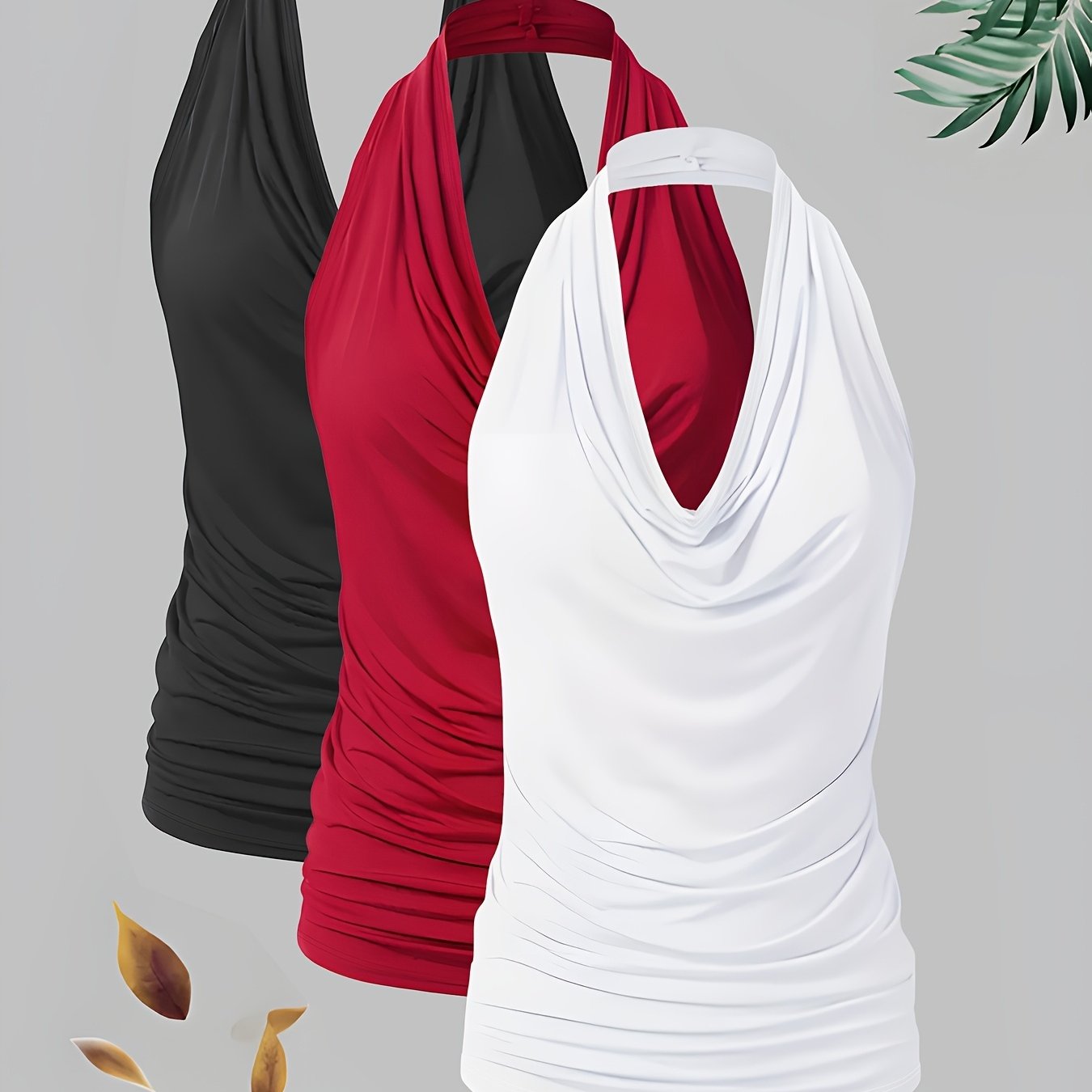 3pcs Women's Summer Sexy Fashion Versatile Halter Neck Strapless Solid Color Simple Tank Top Set