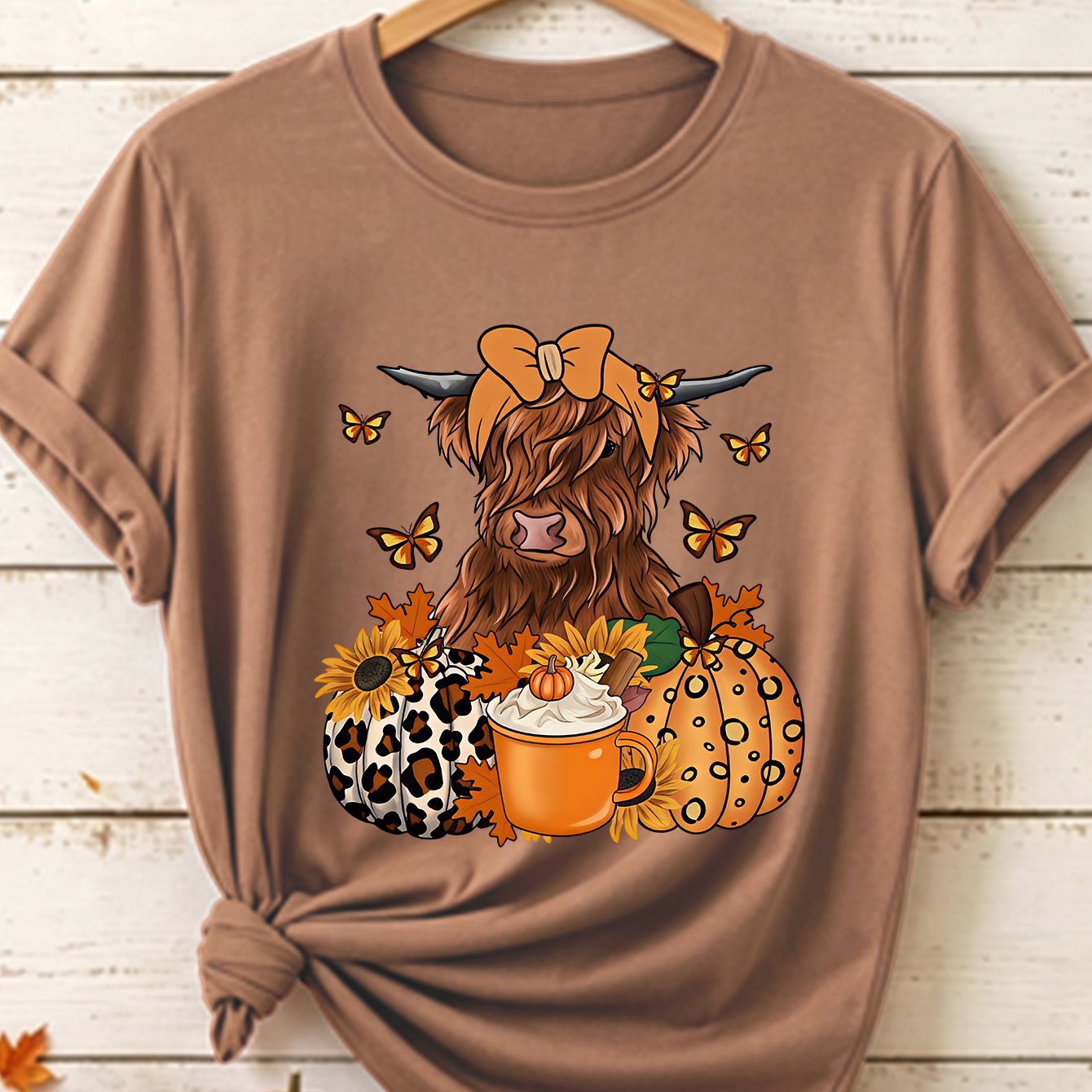 TEMU Thanksgiving Gift Summer Women's Top | Autumn Highland Cow Pumpkin Short Sleeve T-shirt | Animal Lover Casual Loose Neck Short Sleeve | Summer