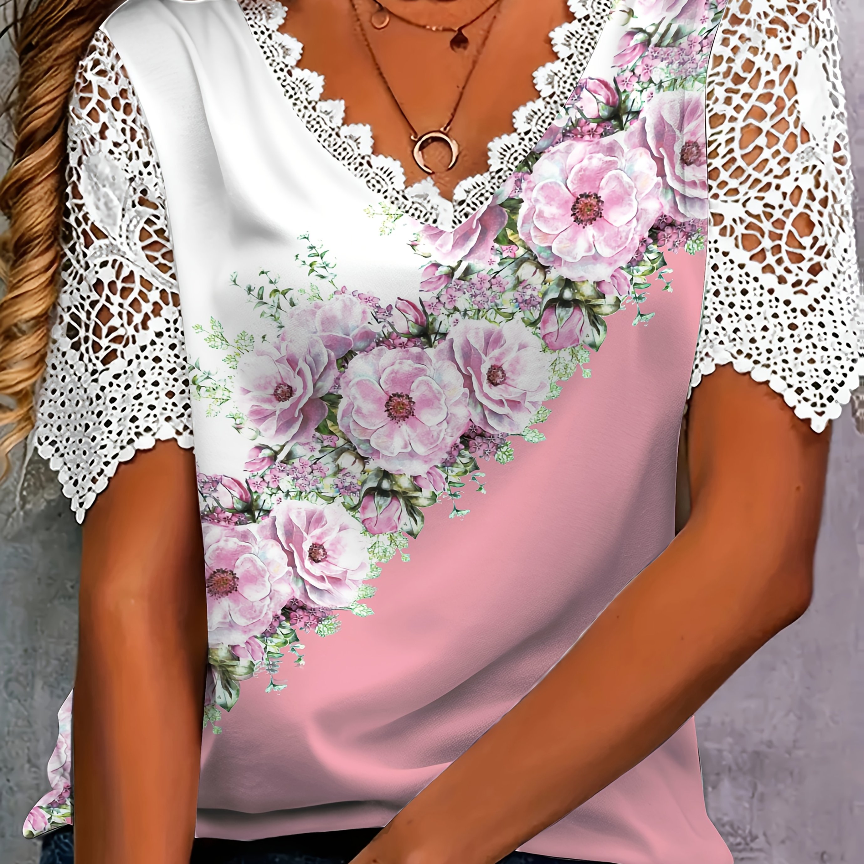 TEMU Elegant Women's Short-sleeve T-shirt With Lace And Fashionable Floral Print.
