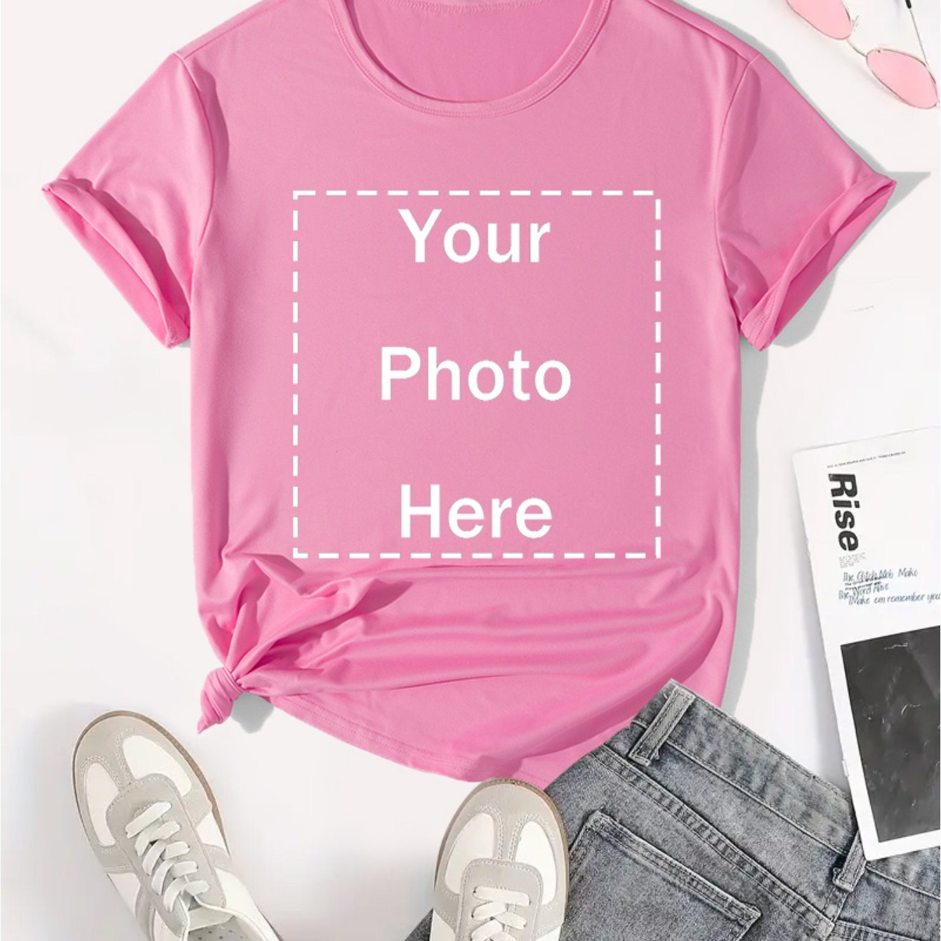 TEMU Customized Short-sleeve Women's T-shirt With Personalized Photos And Text Prints, New 2026 Spring/summer Collection, Crew Neck Casual Versatile