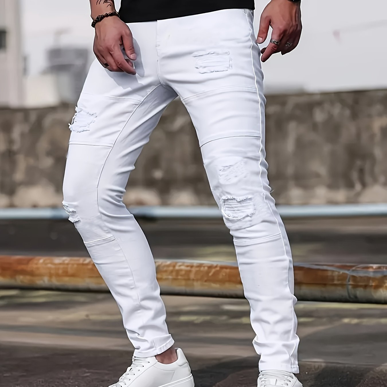 -style Men's Jeans With A Slim Fit, Straight Leg, Stretchy Fabric, And Ripped Details