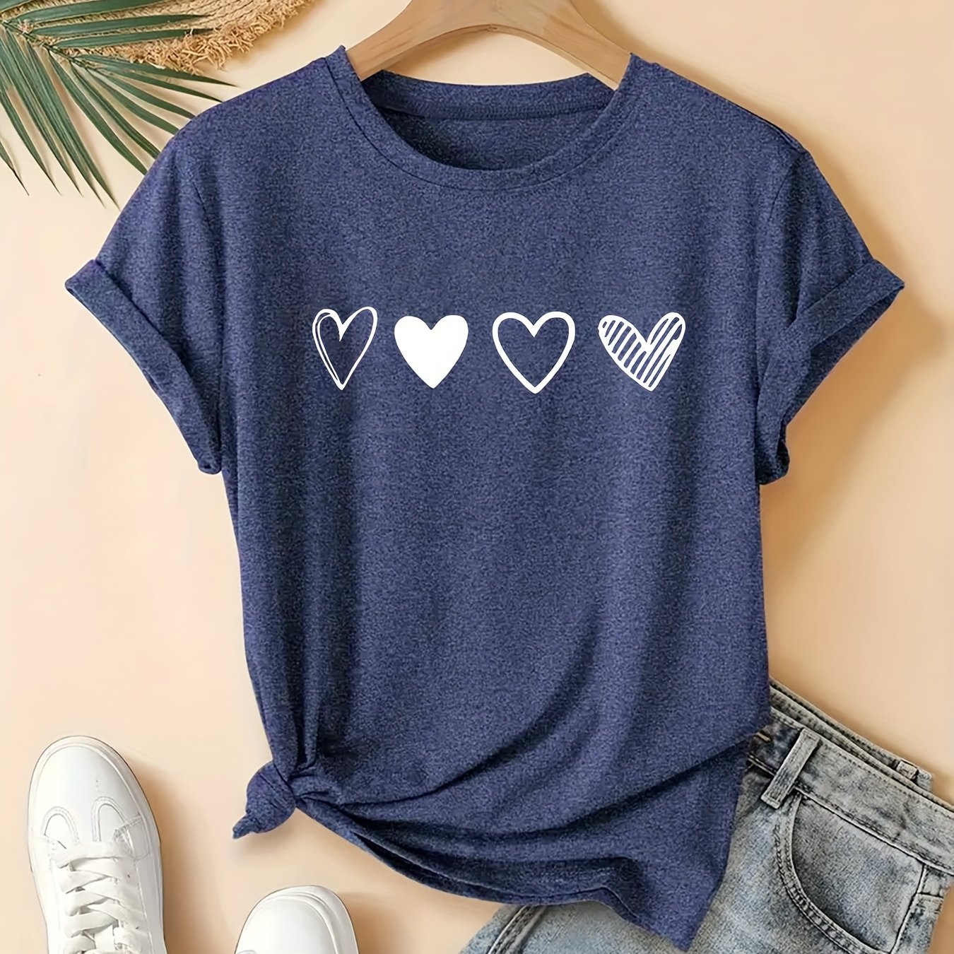 TEMU Plus Size Women's Casual Short Sleeve T-shirt - Heart Graphic Print Round Neck Top, Breathable Mid-stretch Fabric, Machine Washable, Spring