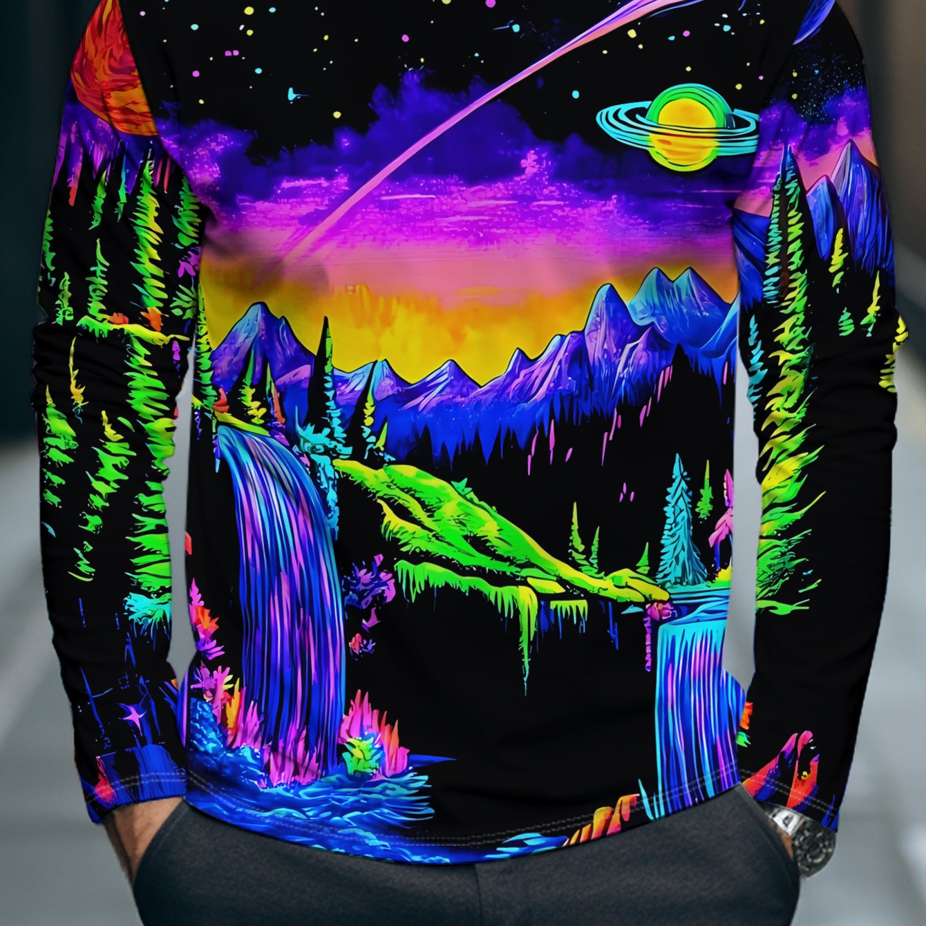 TEMU Long Sleeve T-shirt With Fantasy Night Scene | Starry Mountains And Colorful Waterfalls, , Crew Neck, Stretch Fabric