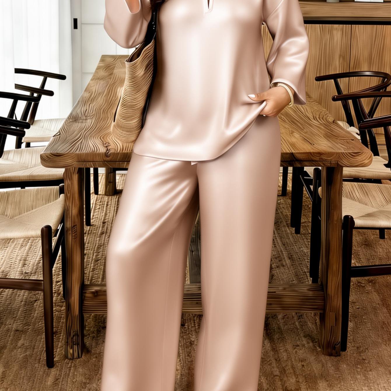 Image of Plus Size, Plus Size Women's 2pcs Set Elegant Satin Long Sleeve Pants Set For Women Plus Size Lounge Wear Outfit Soft Pink Suit For Spring/summer Outdoor Outfits, Gifts For Mother's Day