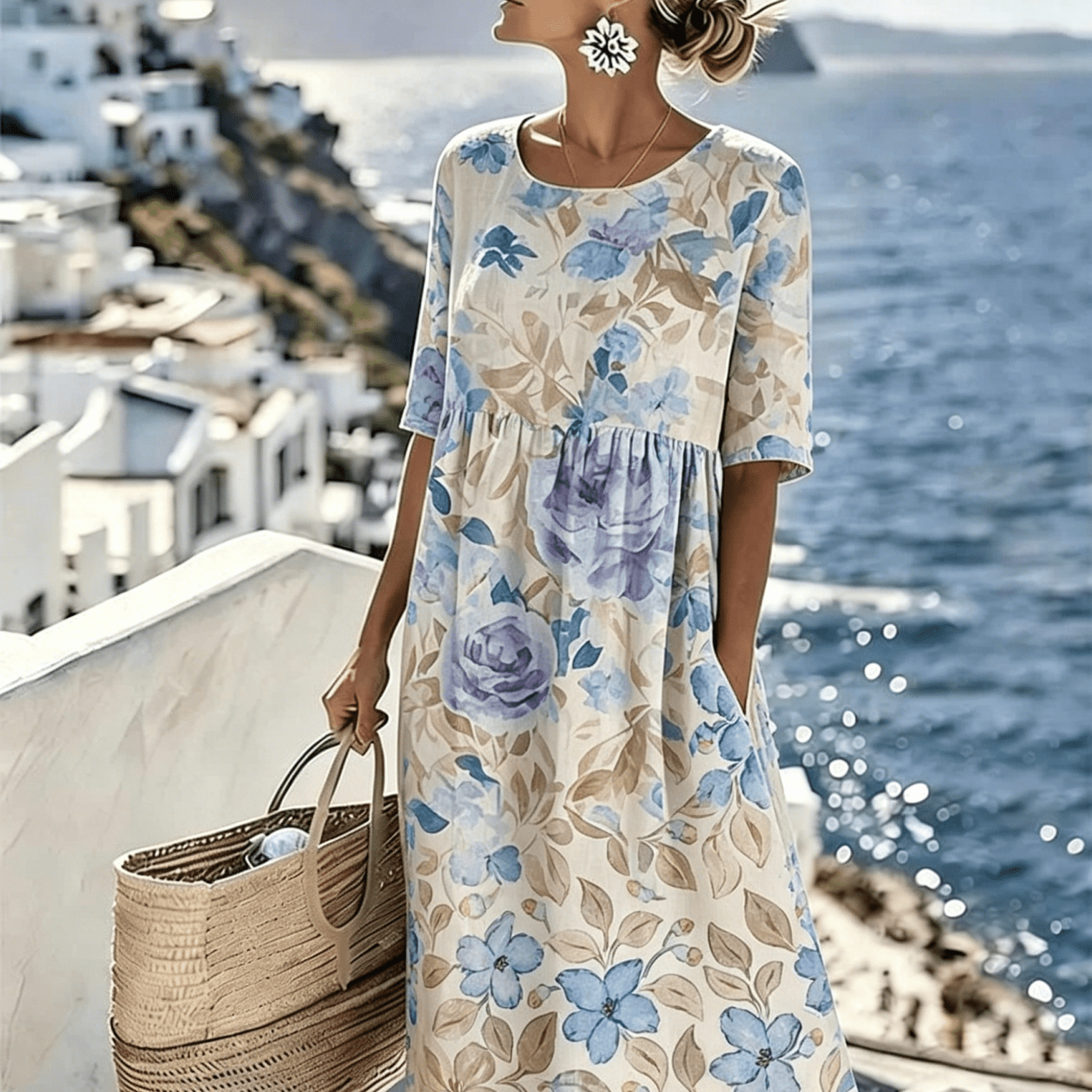 Women's Summer New Half-sleeve Dress, Blue & Purple Floral Print, Round Neck Waist A-line Skirt, Loose Casual Vacation Long Dress