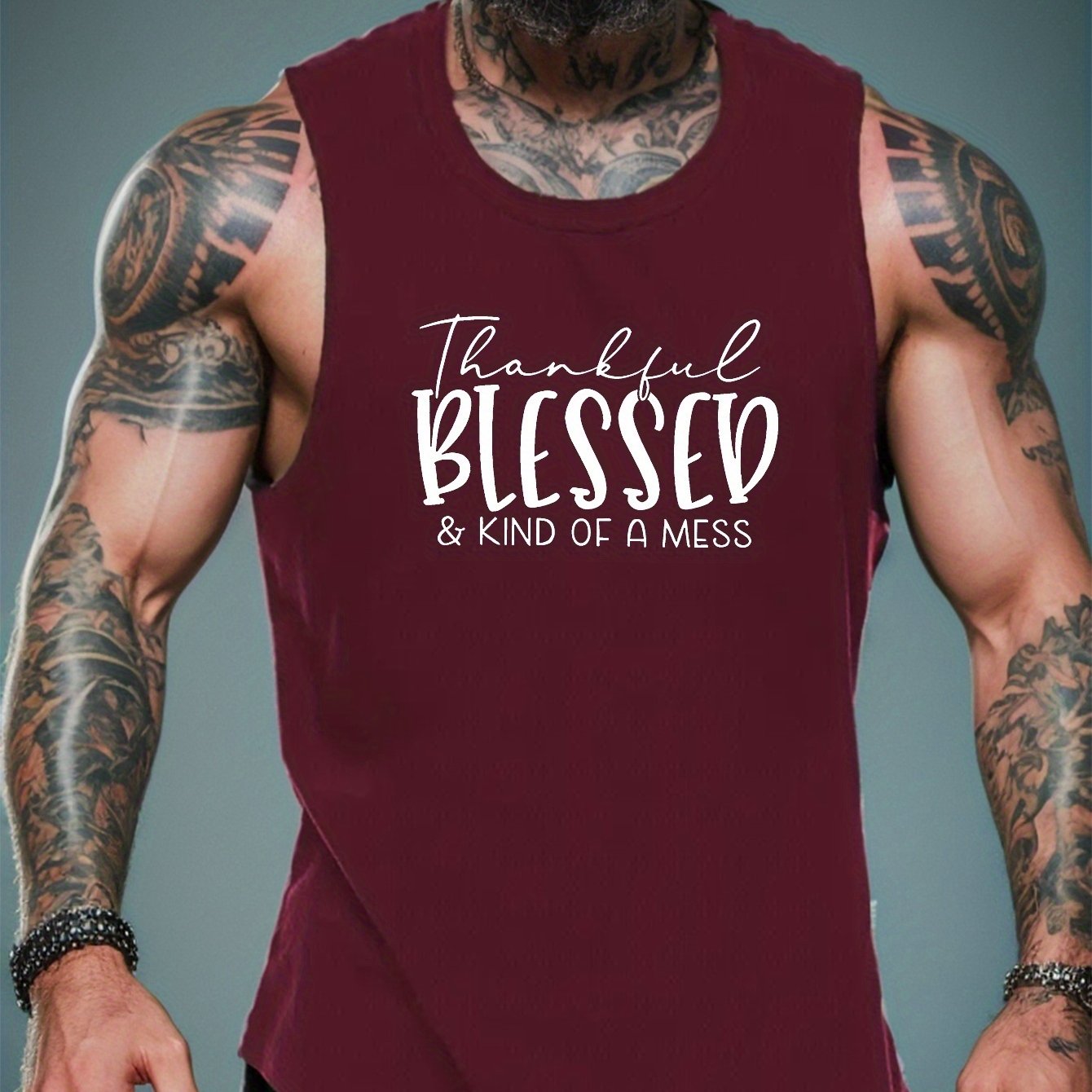 感謝。祝福。 散らかった。」メンズノースリーブタンクトップ ネイビーブルー ポリエステル100％ 幾何学模様 カ - Temu Japan, image size:1340x1340