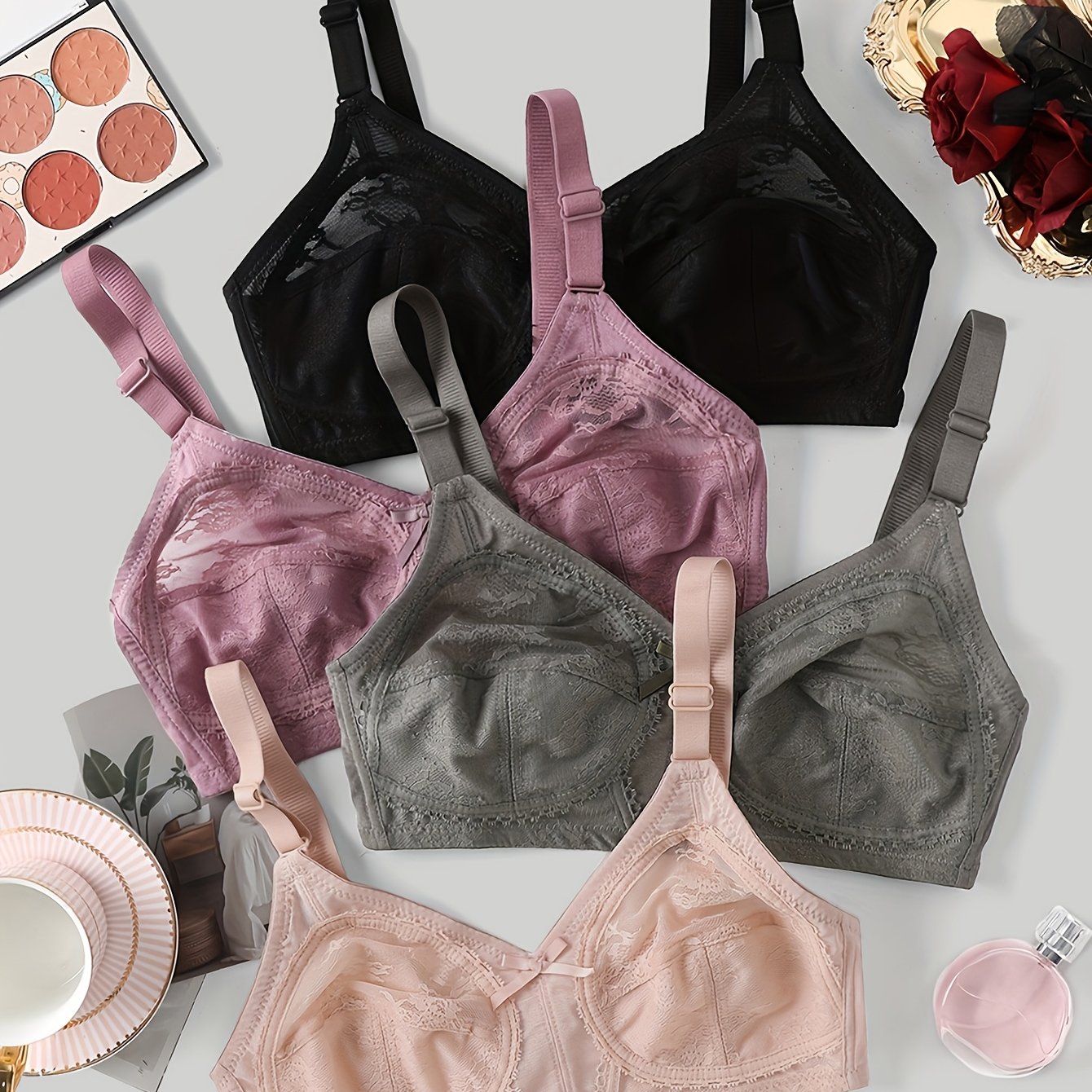 TEMU 4pcs Women's 4pcs Full-coverage Wire-free Bra Suitable For Bust, Lace Underwire-free Push-, Breathable Thin Low-maintenance Bras For Daily Wear,
