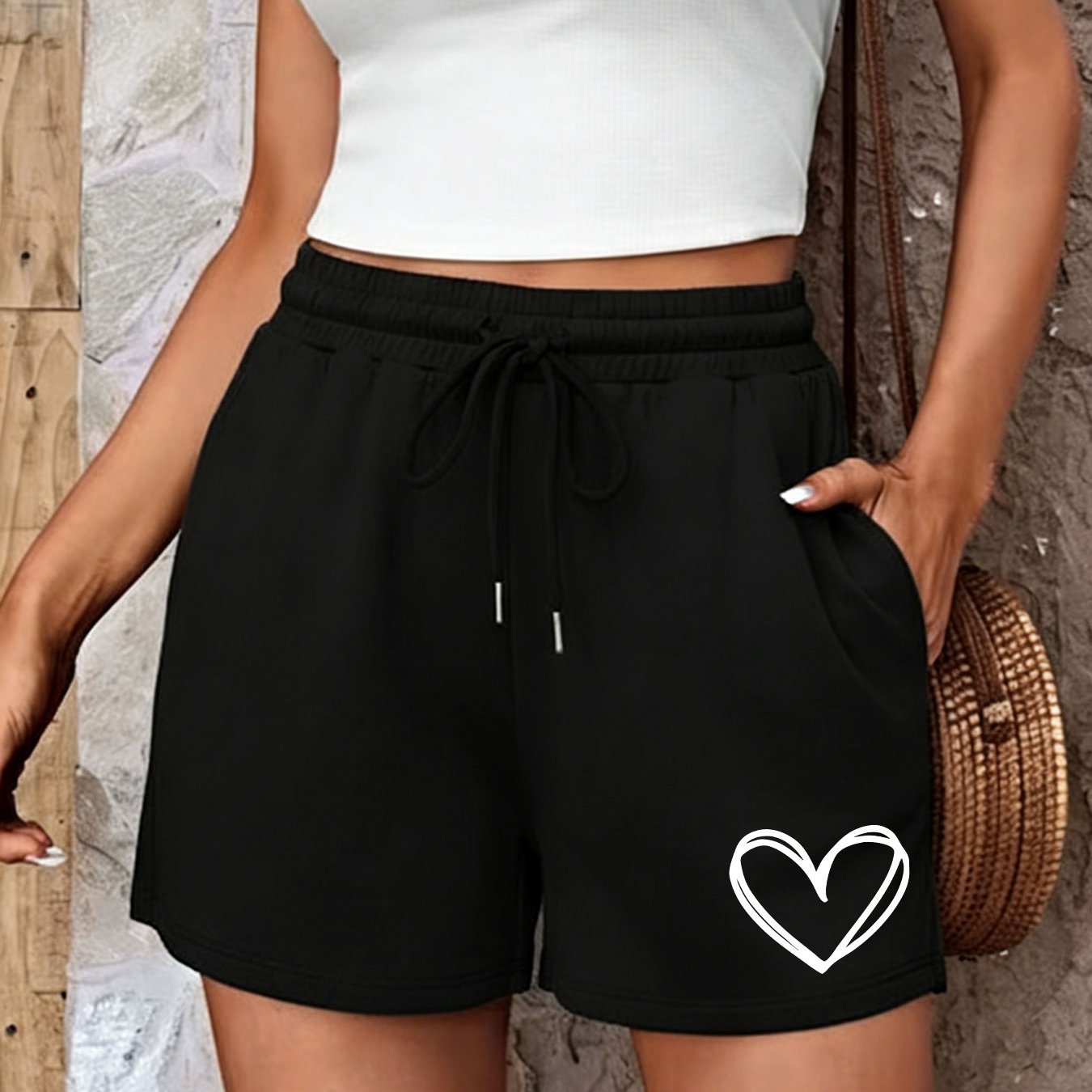 TEMU Simple And Stylish Women's Shorts With A Double-layer Print, Featuring A Drawstring Elastic Waist. Fashionable Shorts A Comfortable, Versatile,