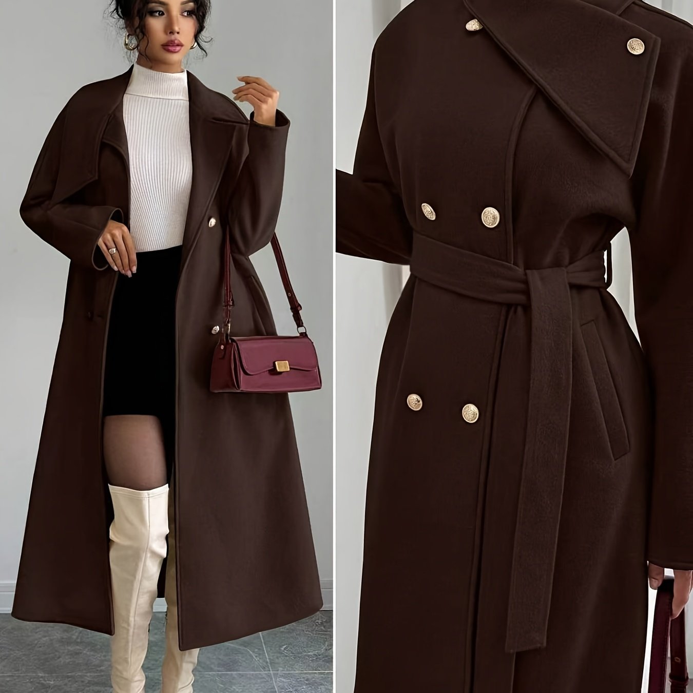 TEMU Women's Elegant Double-breasted With Belt, Lapel Collar, And Long Length, Model Z223