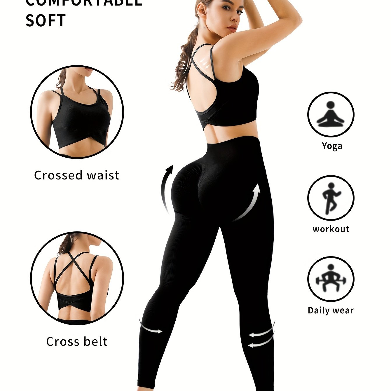 Solid Color Workout Sets Backless Sports Bra Wide Waistband - Temu Canada