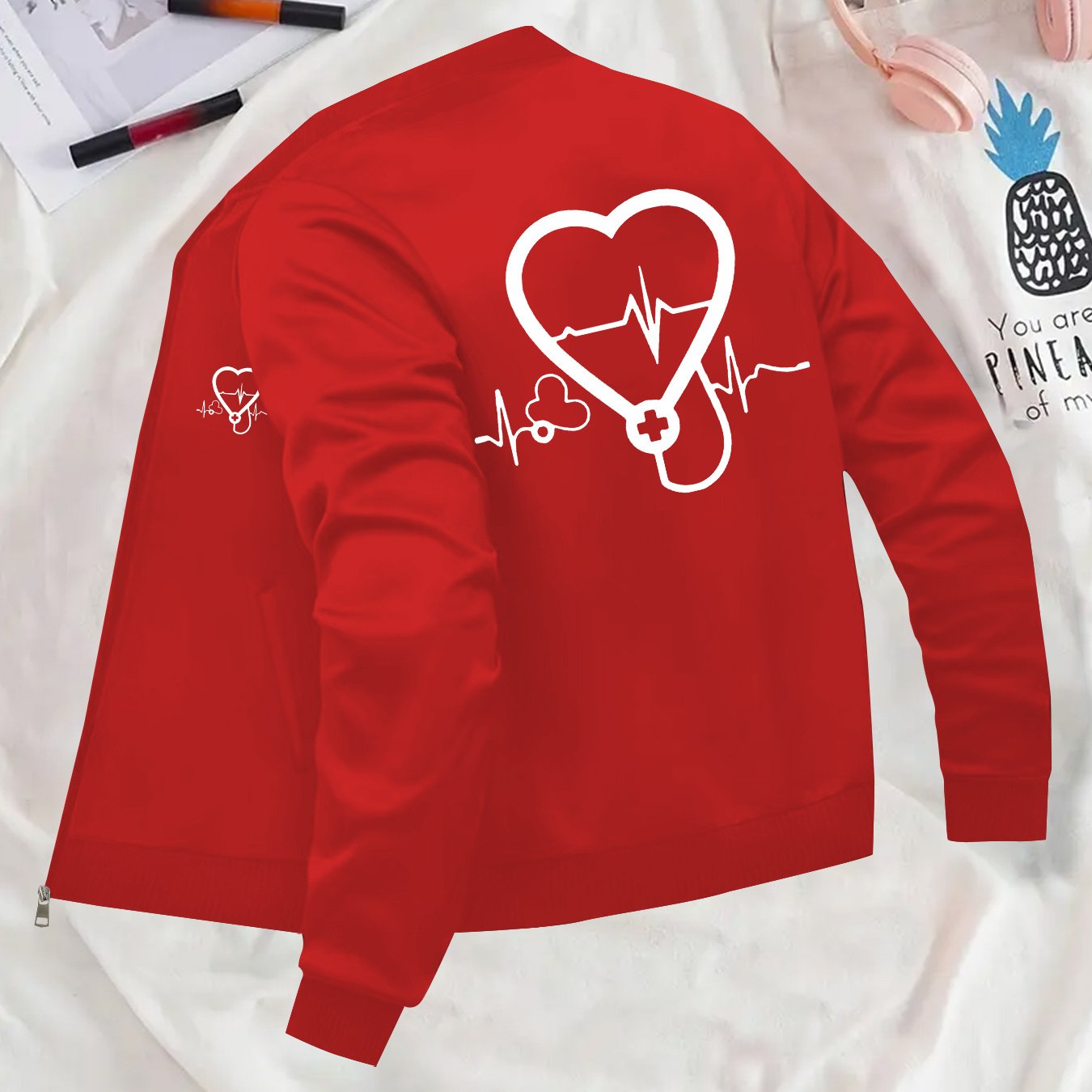 TEMU A Versatile Women's Jacket With A Collar, Featuring A Stylish Zip Design And An Electrocardiogram Print. It Has Long Sleeves, Of A, Lightweight,
