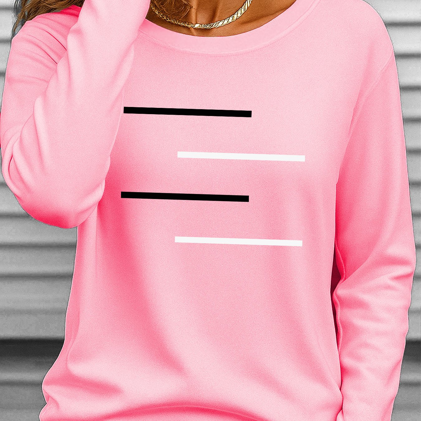 TEMU Plus Size Women's Long Sleeve Round Neck T-shirt, Black And White Ii 961