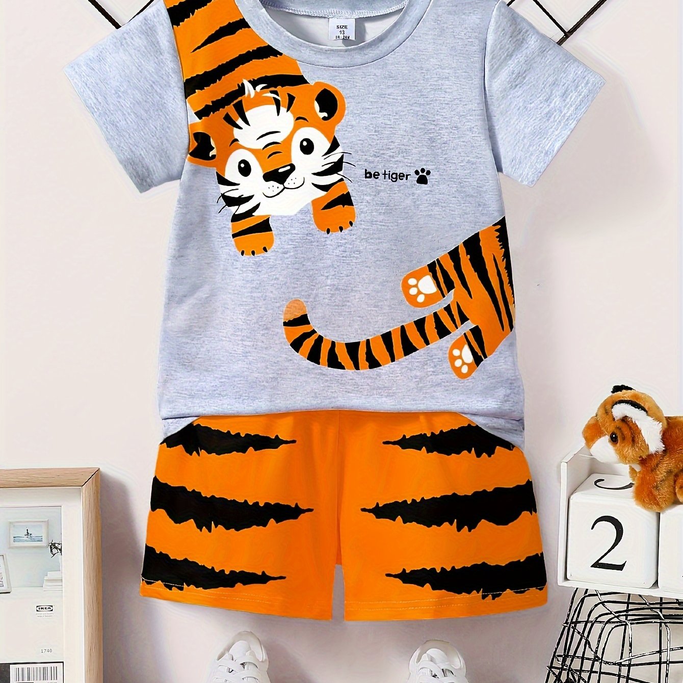 Image of Summer Boys' Cute Tiger Letter Print Knit Round Neck Top And Casual Shorts Set, Perfect For Outdoor