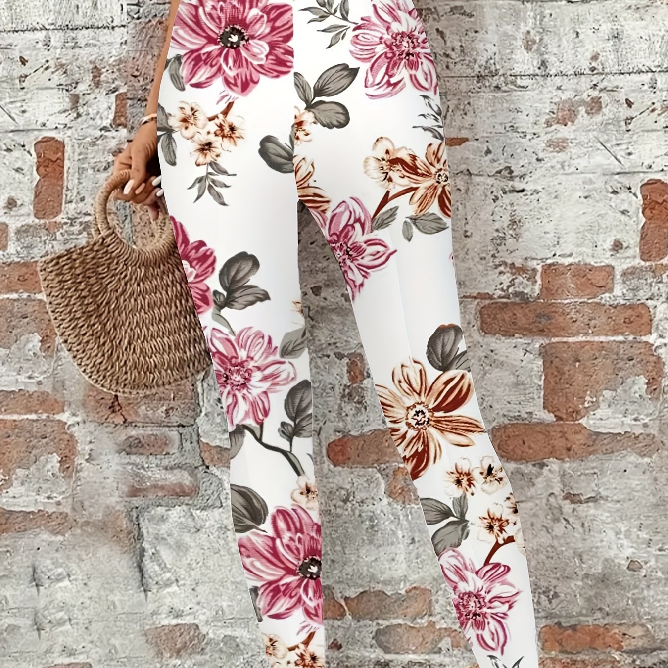 TEMU Floral Print High Waist Skinny Leggings, Elegant Tummy Control Stretchy Leggings, Women's Clothing