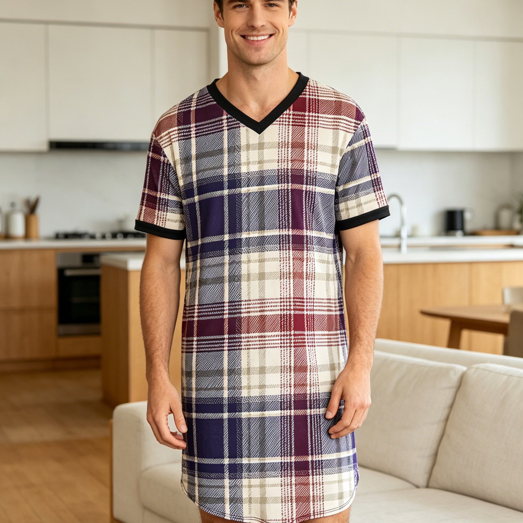 TEMU 1pc Men's Casual Nightgown, Burgundy Navy Retro Men's V-neck Short Sleeve Nightgown, Beige Base Burgundy Navy Fine , Classic Scottish Retro