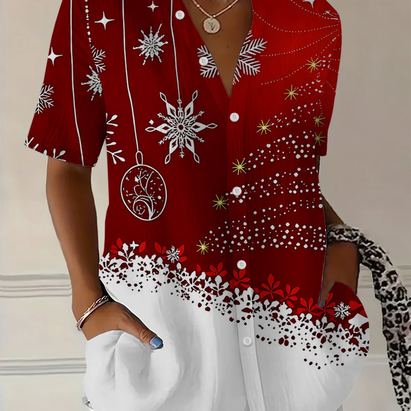 TEMU Women's Shirt, Comfortable Loose Printed Elegant Casual Fashion Short Sleeve Red Snowflake Christmas Element Women's Shirt, Daily All-match