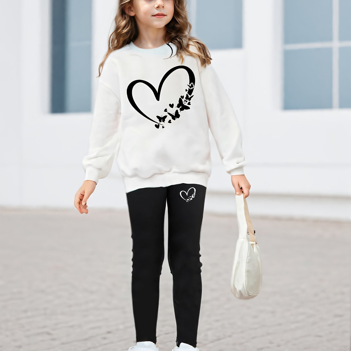 Image of Girls' Casual Heart Print White Crew Neck Sweatshirt And Black Pants Set, For Outdoor