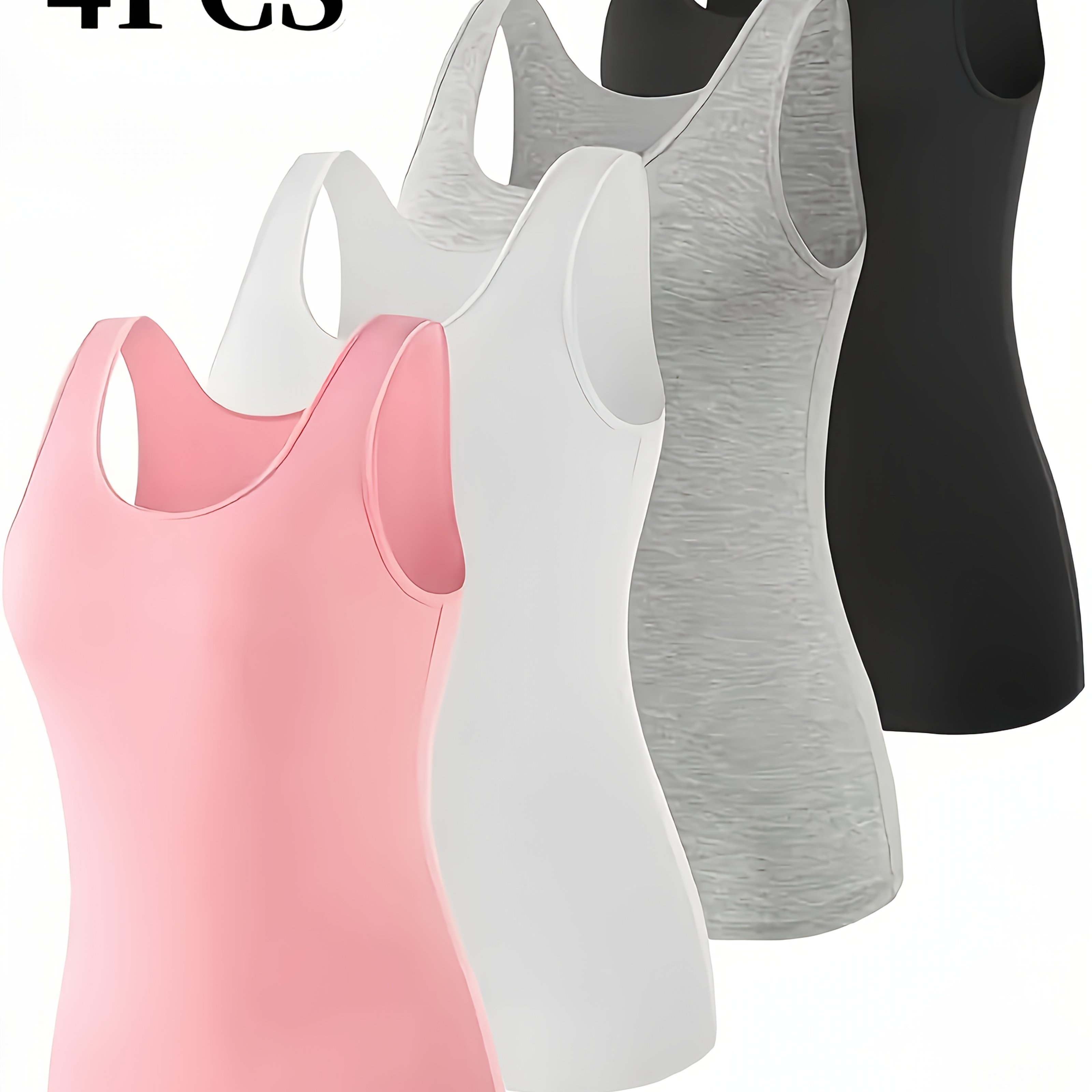 Image of 4pcs Women's Plus Size Vest, Solid Color Simple Sleeveless Top, Comfortable Loose Breathable 4pcs Plus Camisole
