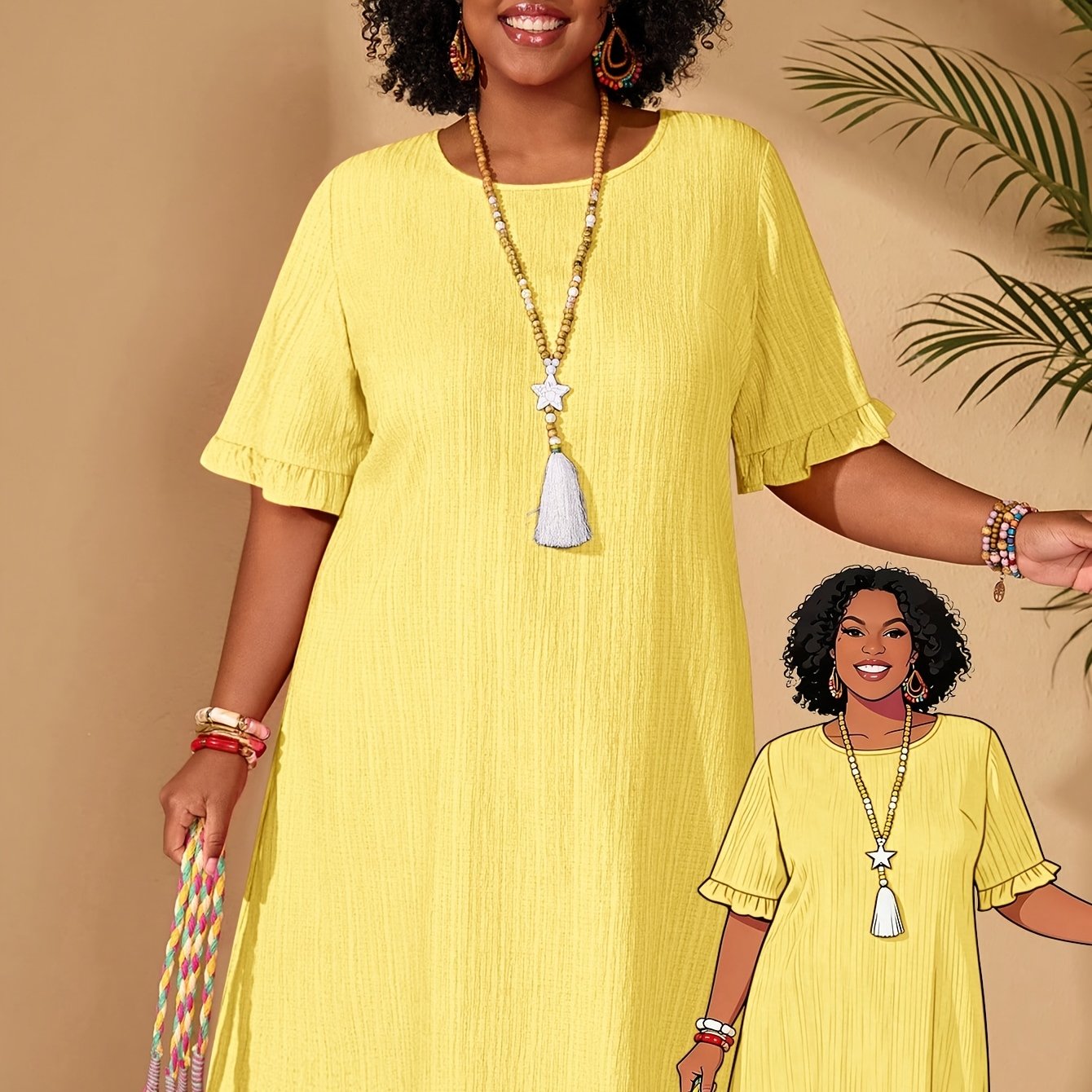 TEMU Plus Size - Western Plus Size Solid Easy Casual Round Neck Short Sleeve Dress, Suitable For Summer, Holidays, Beach, Vacation, And Occasions,