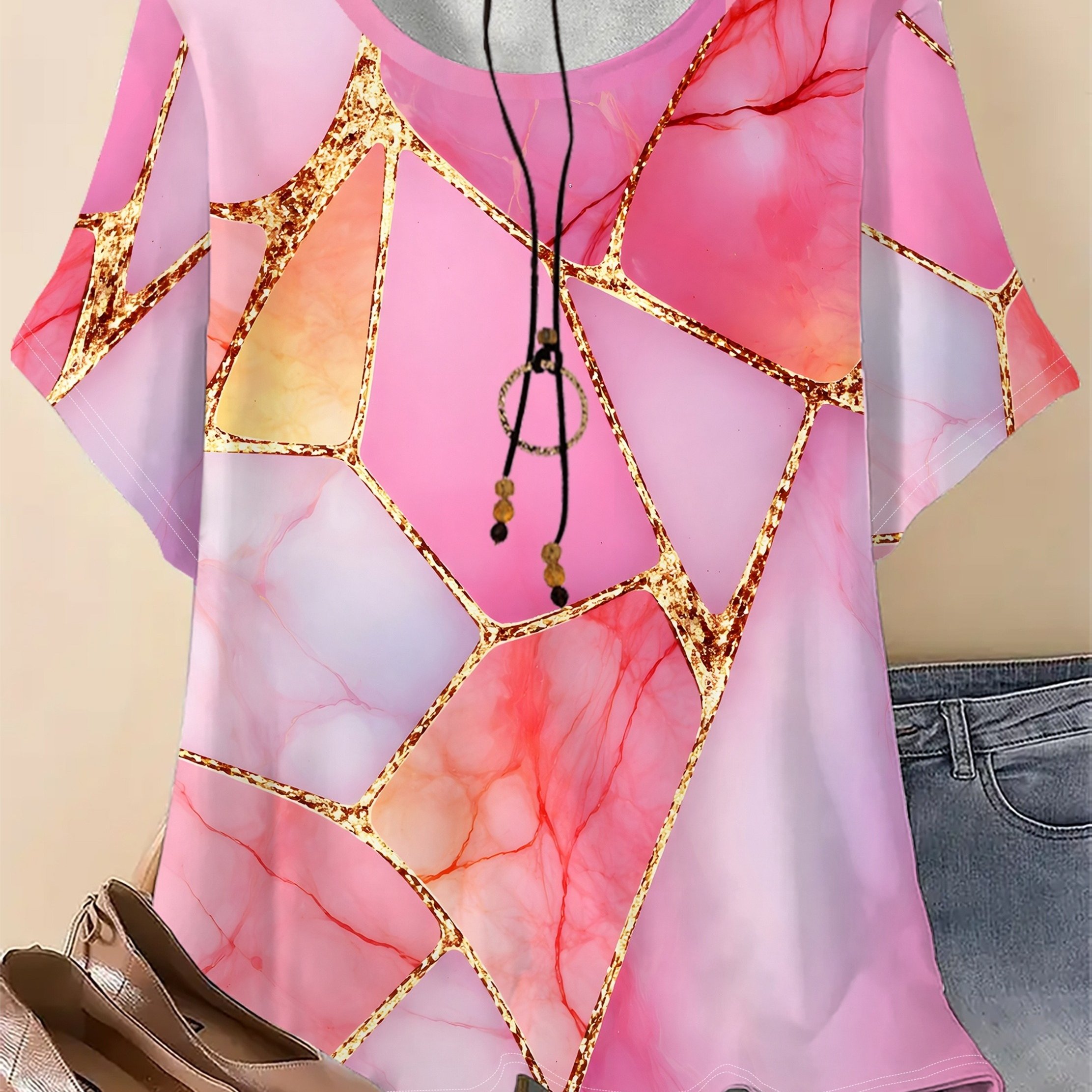 TEMU Plus Size- Plus Size- Plus Size Short-sleeve T-shirt, Featuring A Marble With Digital Printing, A Fashionable And , Light And Luxurious Style,