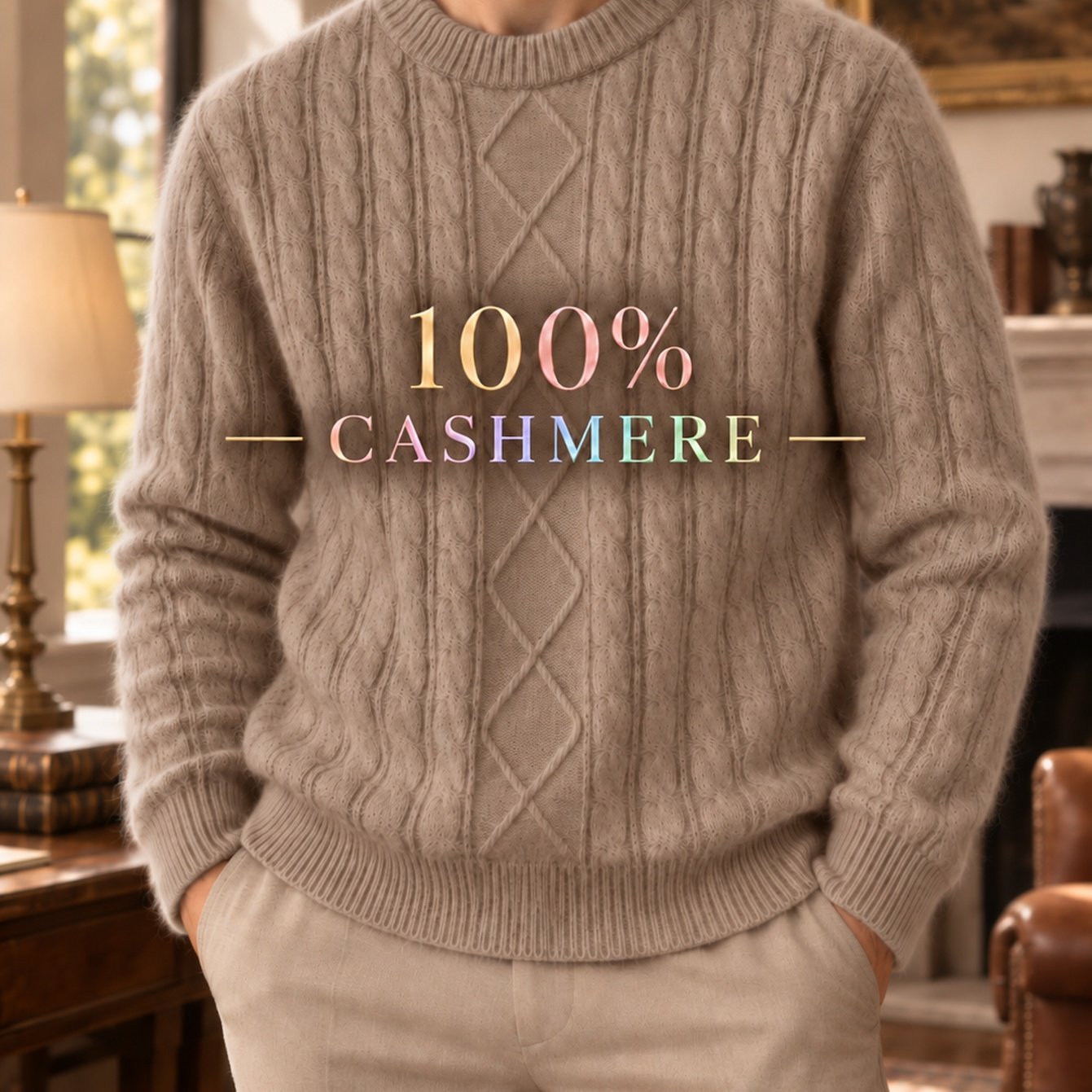 Image of Aw26 Autumn/winter Men's 100% Cashmere Sweater, Vintage Diamond Pattern Cable Knit Crew Neck Pullover, Thickened Warm Lightweight Luxury Business Casual Knit Top