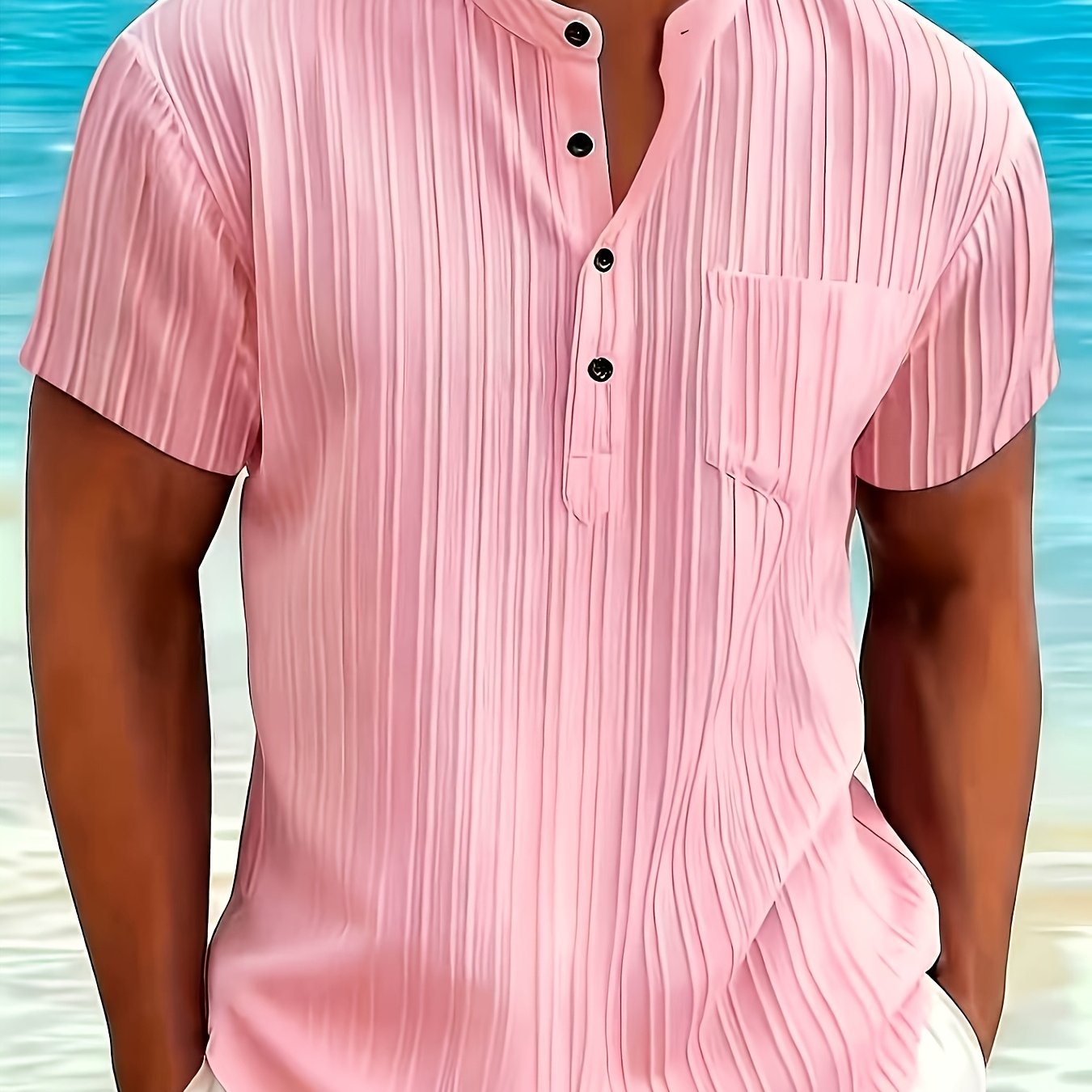 TEMU Men's Sporty Casual Summer Striped Stand Collar Short Sleeve Shirt, Breathable Henley Neck Casual Beach Vacation Henley Shirt