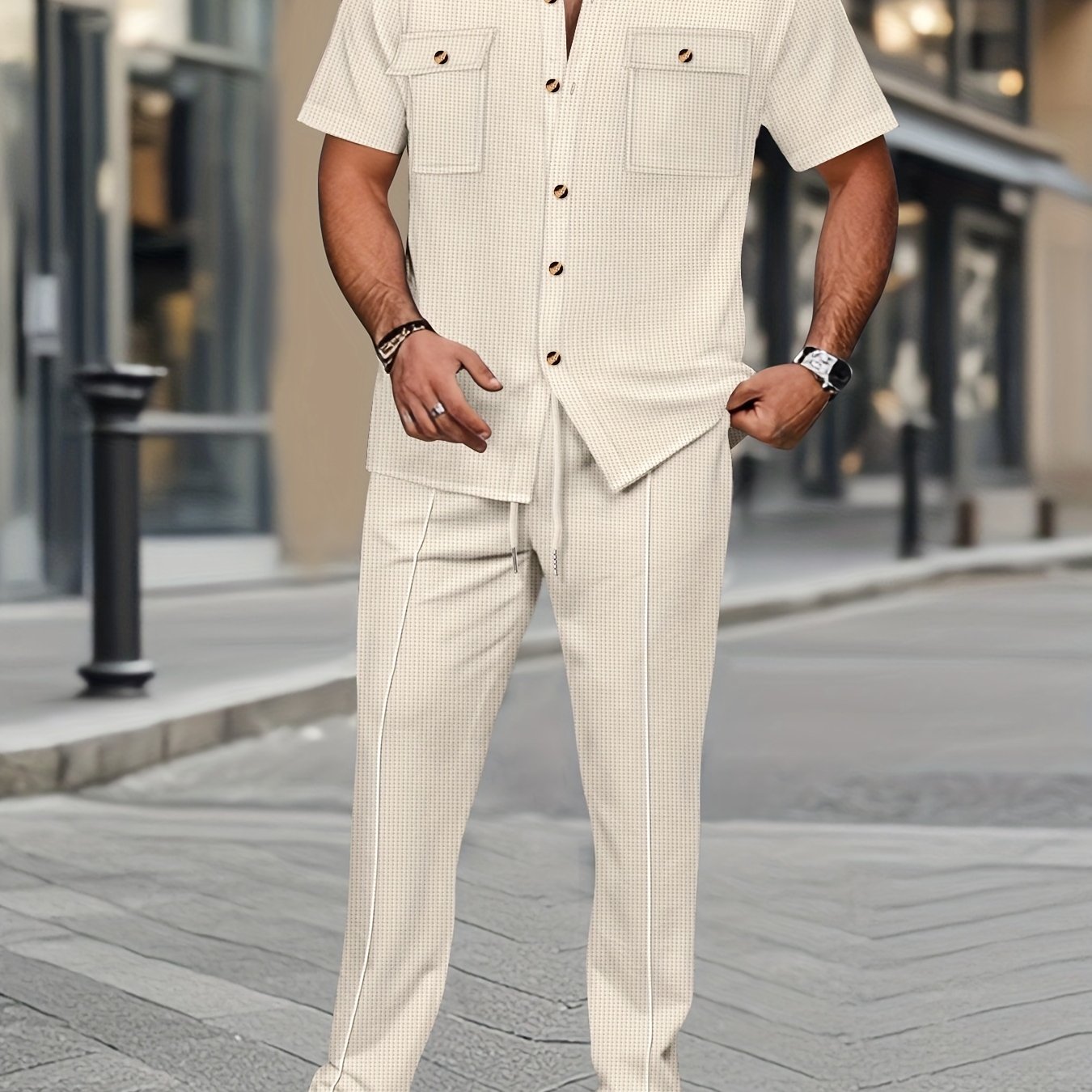 TEMU Men's 2pcs Set, Summer Casual Fashion Beach Double Pocket Collared Short Sleeve Shirt + Pants 2pcs Set, Spring Summer Hawaiian Vacation Outfit