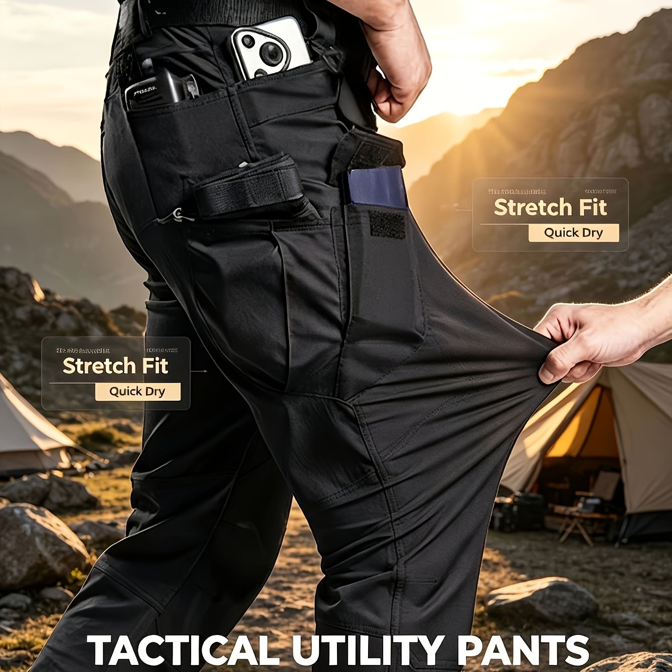TEMU Men's Summer Stretch Quick-dry Long Pants, 10 Pockets, Wear-resistant Fabric, , Outdoor Cargo Pants, Suitable For: