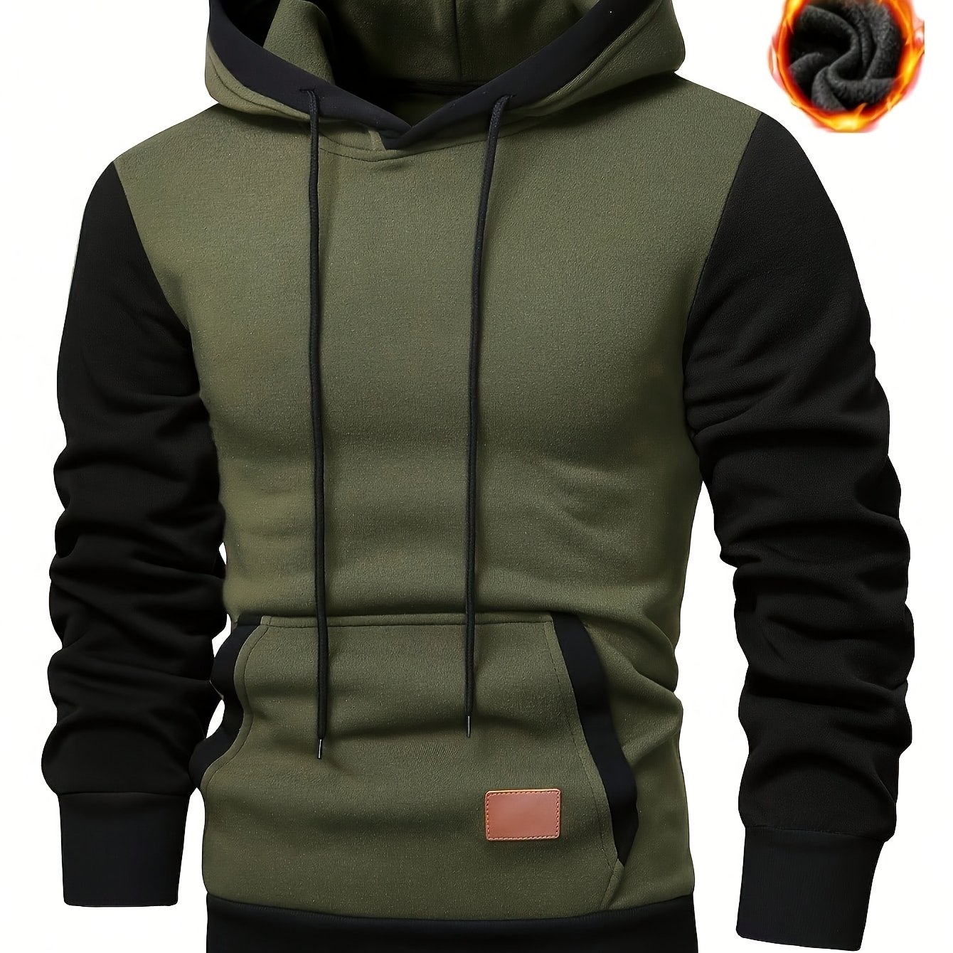 TEMU Men's Fleece-lined Hoodie Color Block Pullover Casual Winter Warm Long Sleeve Sweatshirt With Kangaroo Pocket