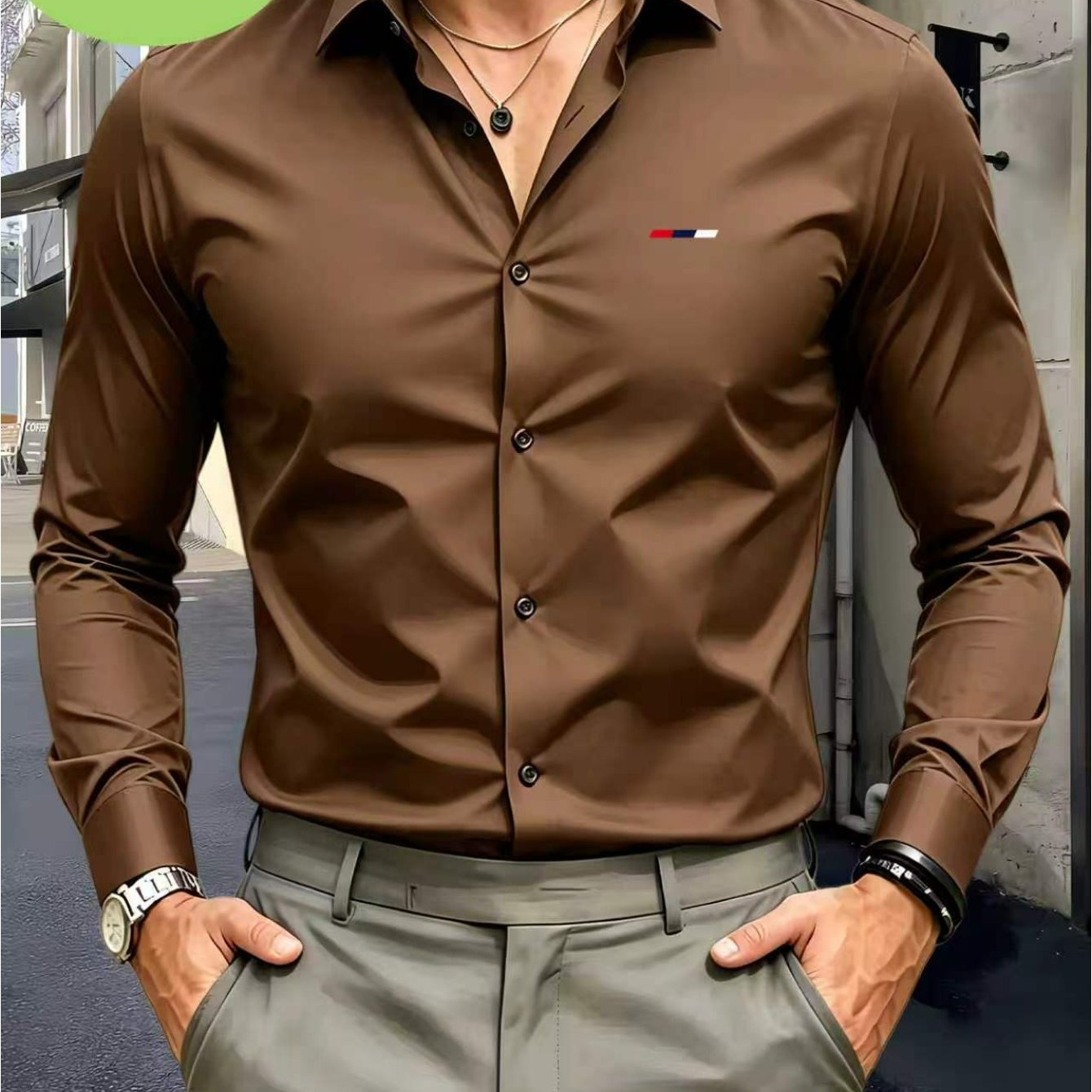 TEMU Fashionable Red, White, And Blue Striped Logo Print Long-sleeved Shirt, Men's Long-sleeved Top, Suitable For Workplace And Daily Wear