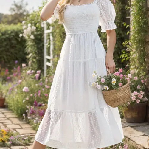 elegant dot ruffle sleeve midi dress for women square neck flowy a pink with white polka dots lightweight polyester spring summer fall
