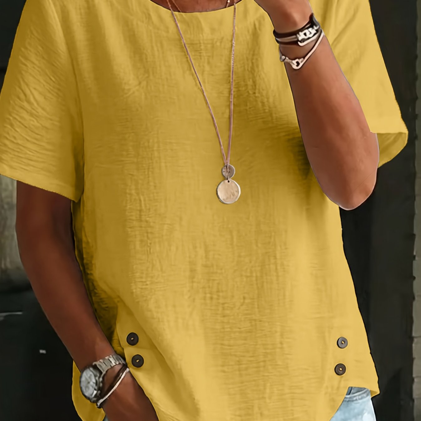 TEMU Women's Spring Summer Short Sleeve Blouse Shirt - Loose Fit Round Neck Solid Color Casual Blouse Top, Machine Washable Opaque Shirt Suitable For