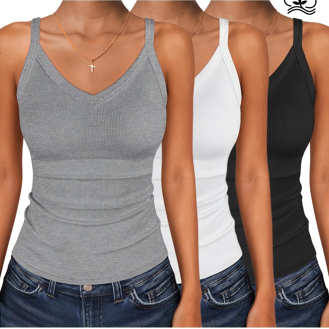 Image of 3pcs Set Women's Casual Top Sleeveless V-neck T-shirt Fashionable Comfortable Basic Slim Fit Camisole Sleeveless Vest